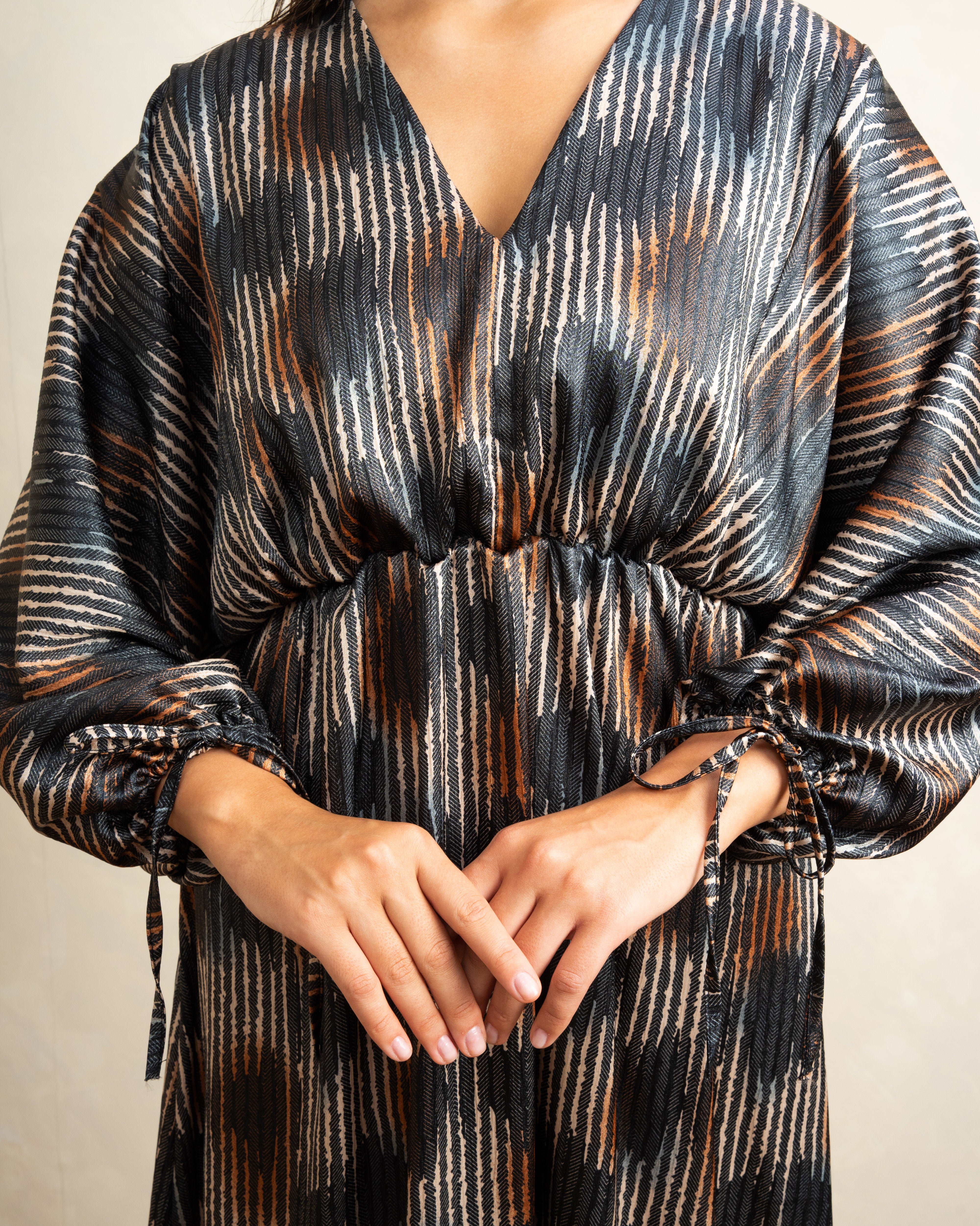 Mixed Print Dress With Tie Sleeves