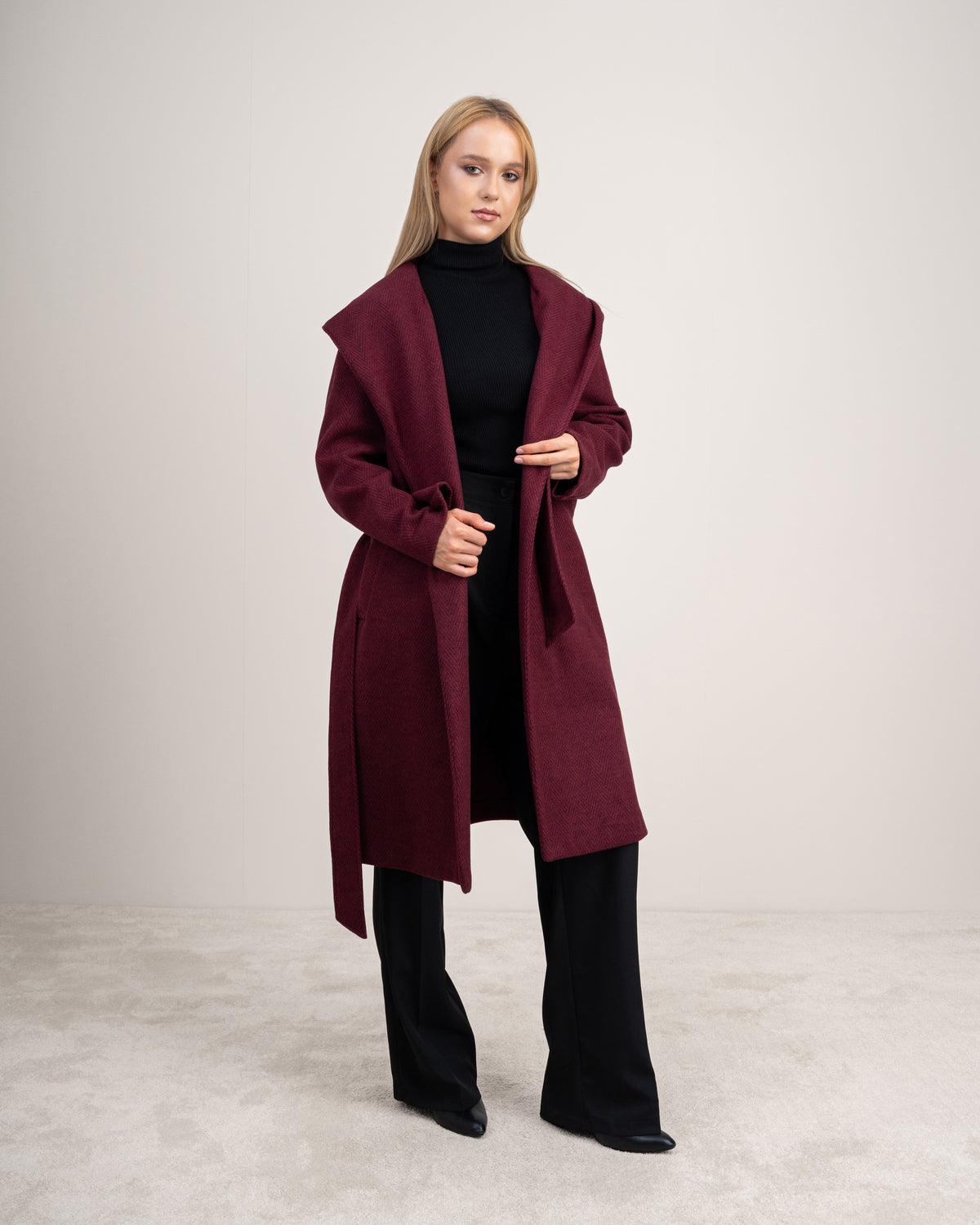 Patterned Wool Coat With Belt