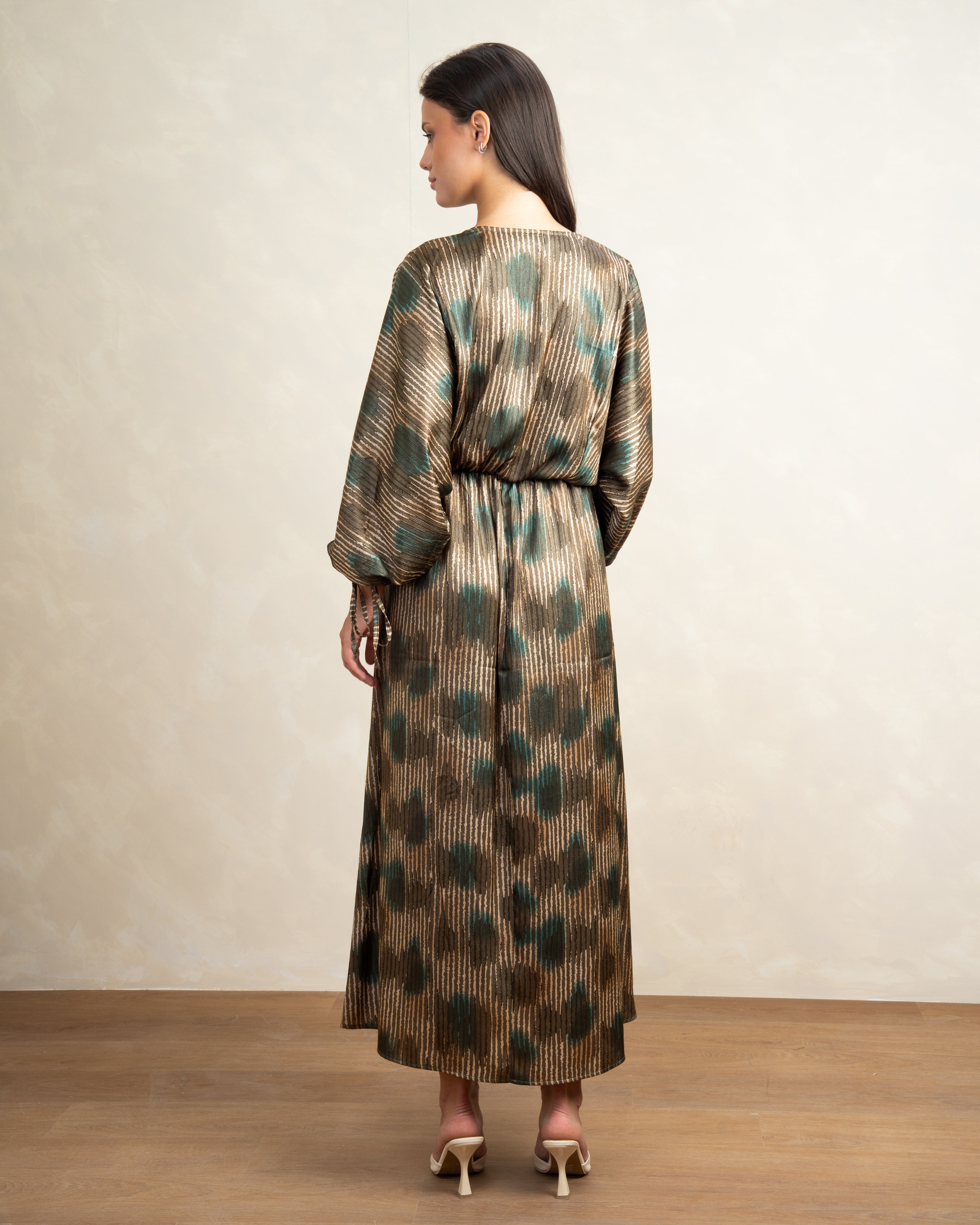 Mixed Print Dress With Tie Sleeves