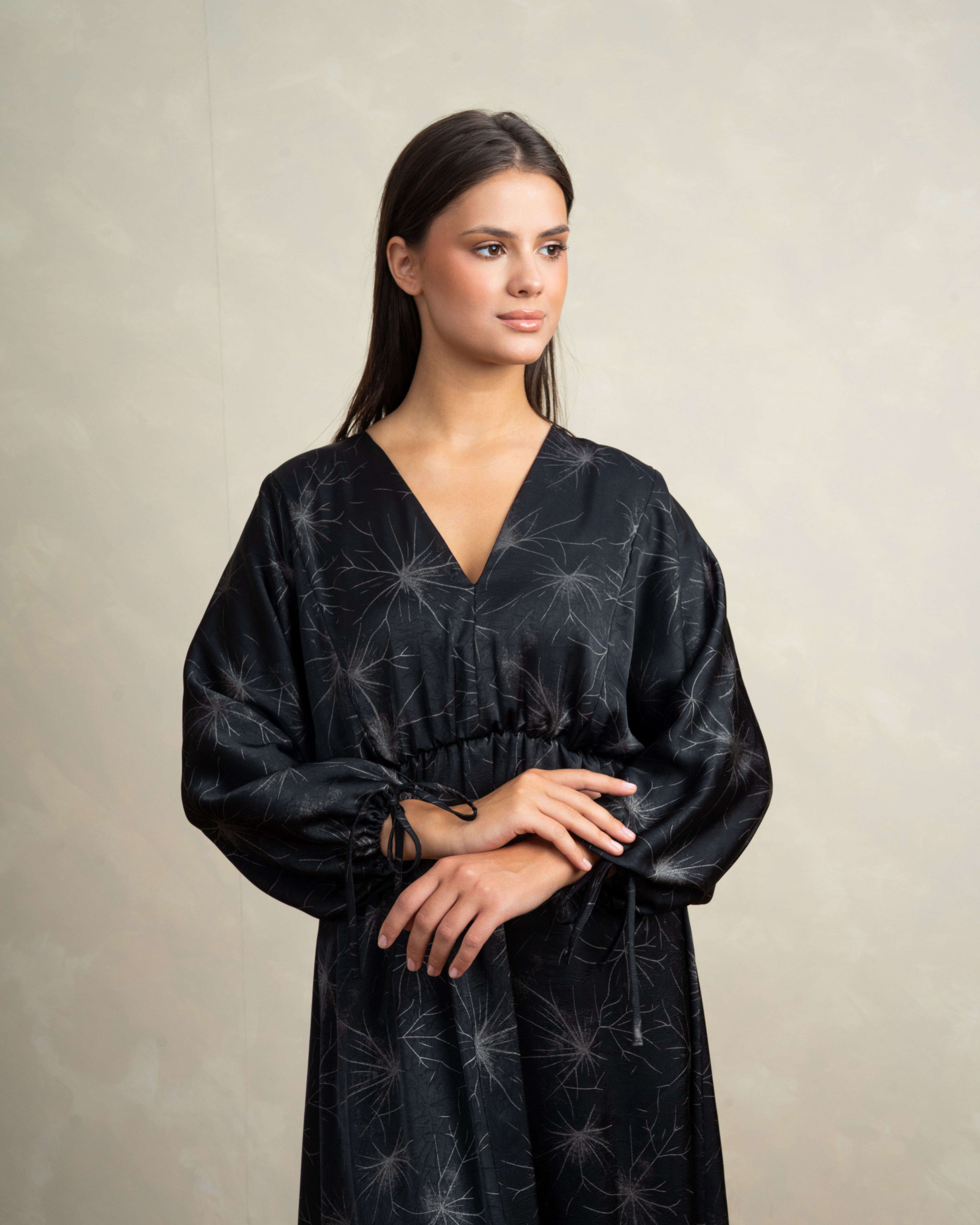 Floral Satin Dress With Tie Sleeves