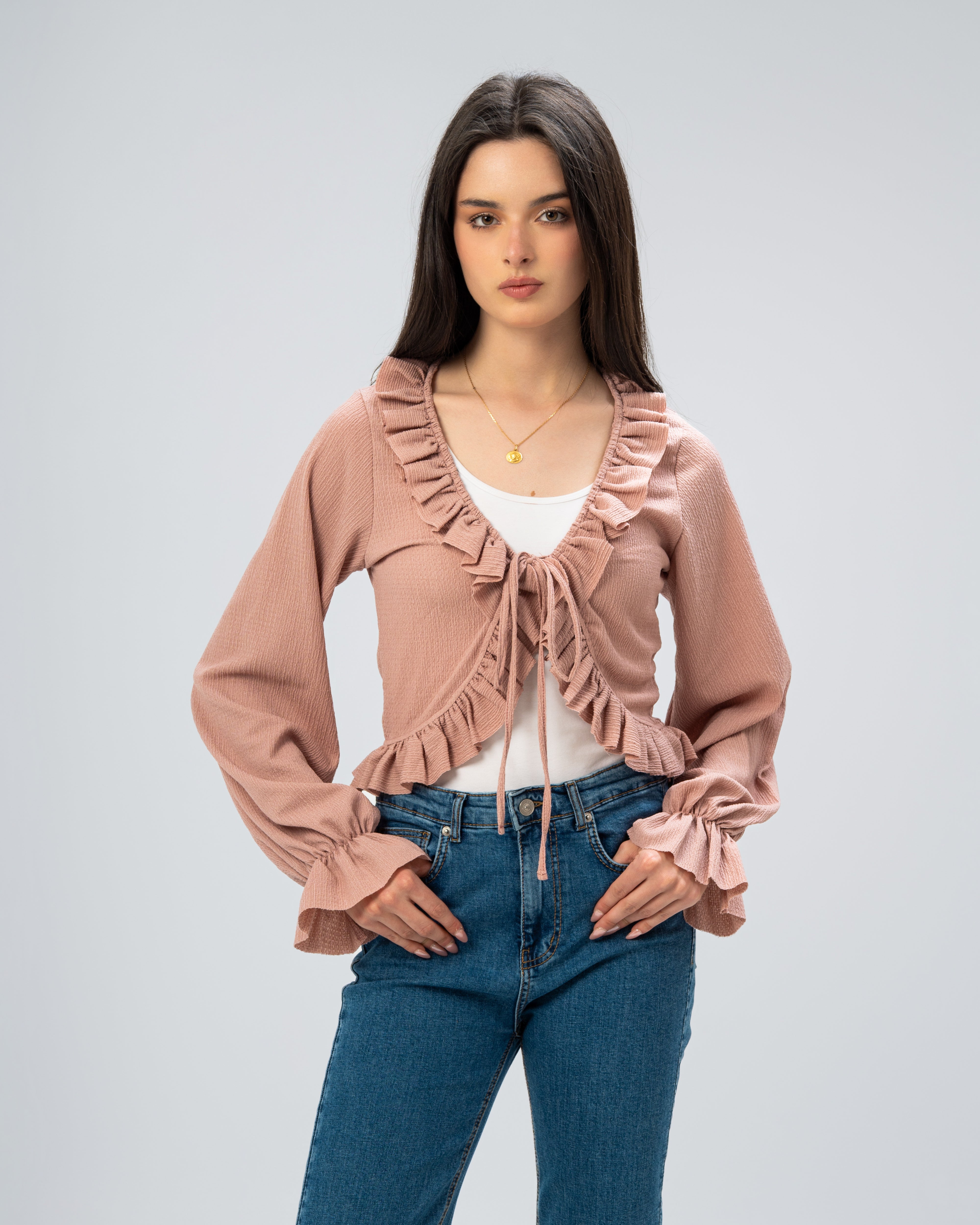 Ruffled Tie-Front Cropped Blouse