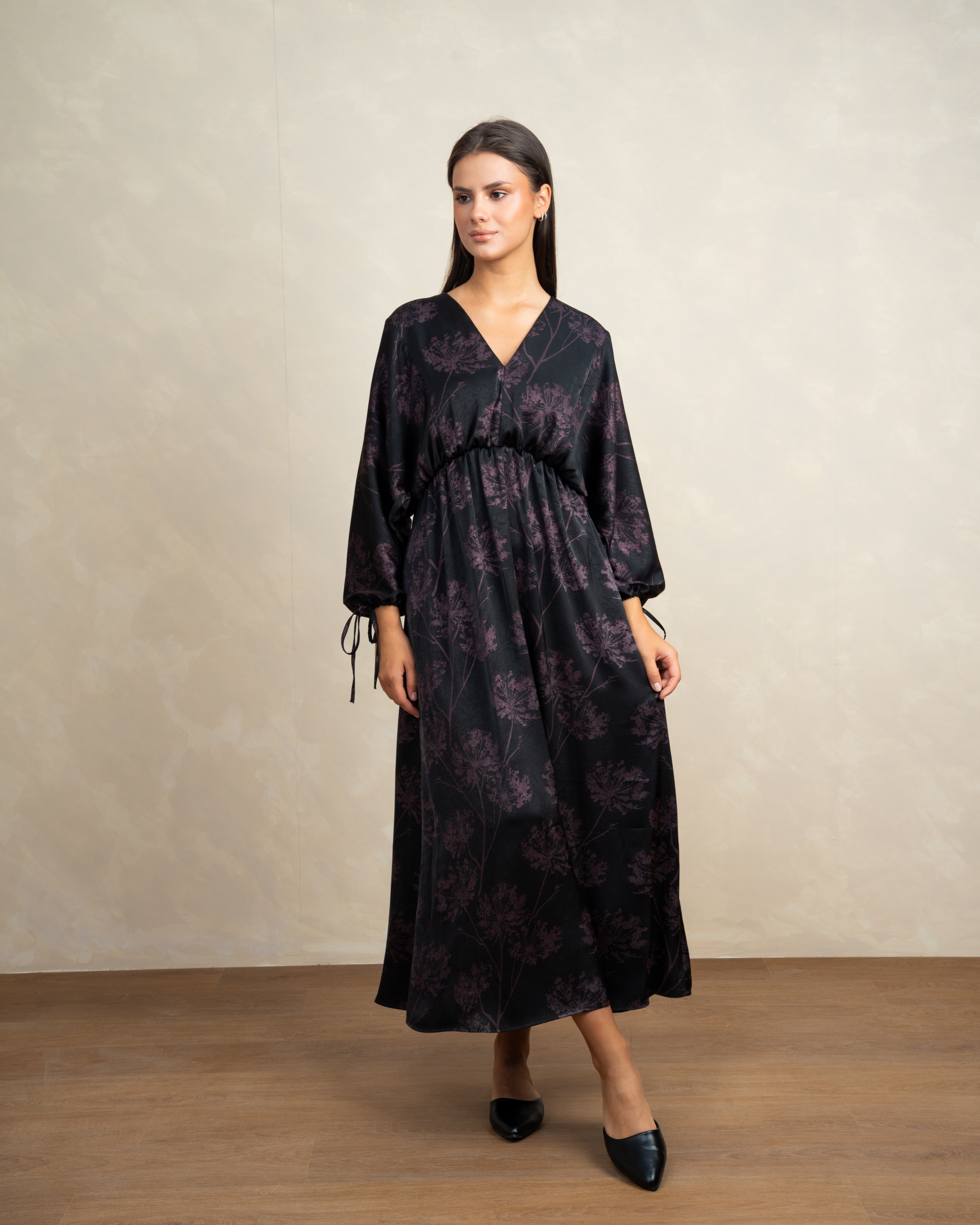Floral Satin Dress With Tie Sleeves
