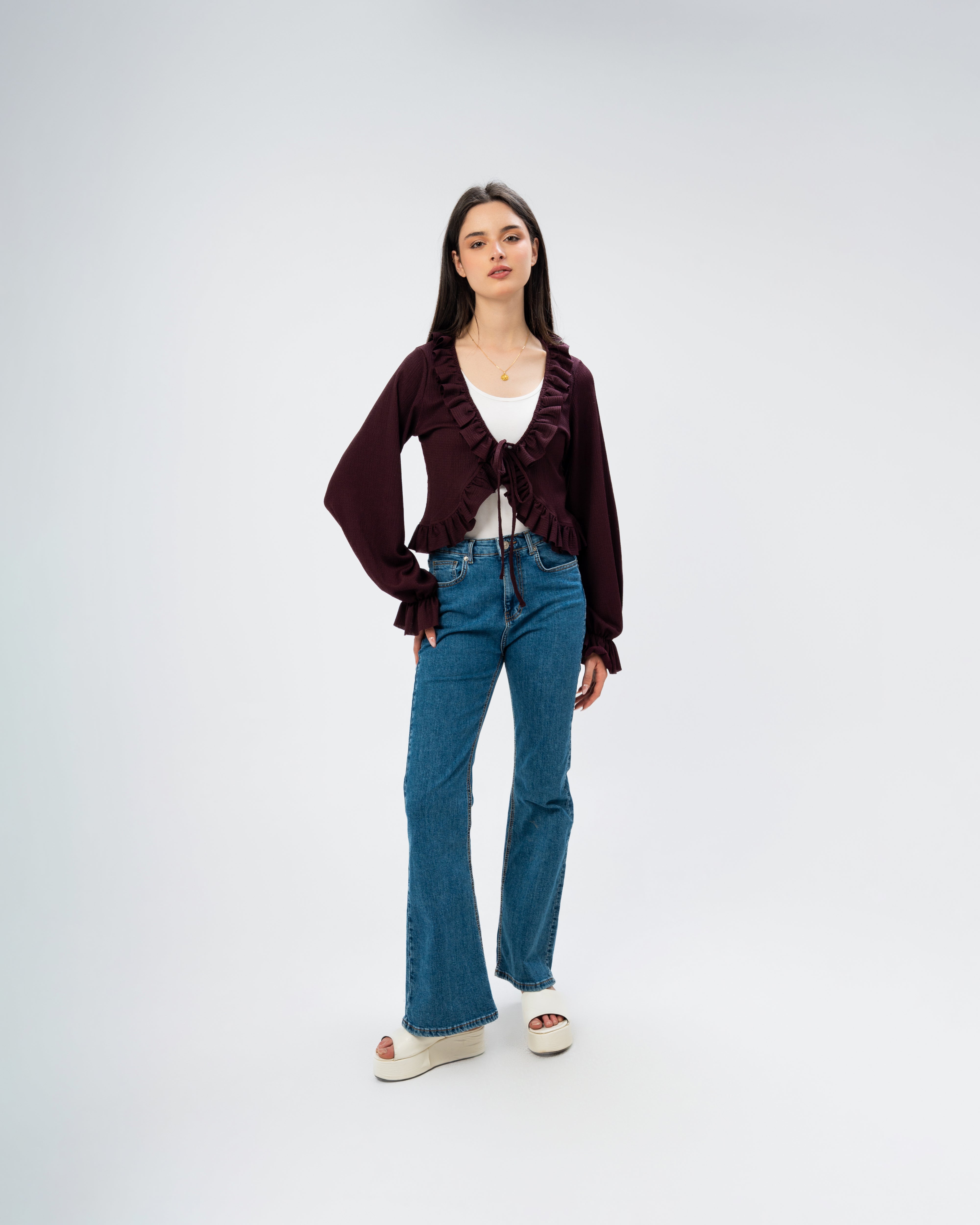 Ruffled Tie-Front Cropped Blouse
