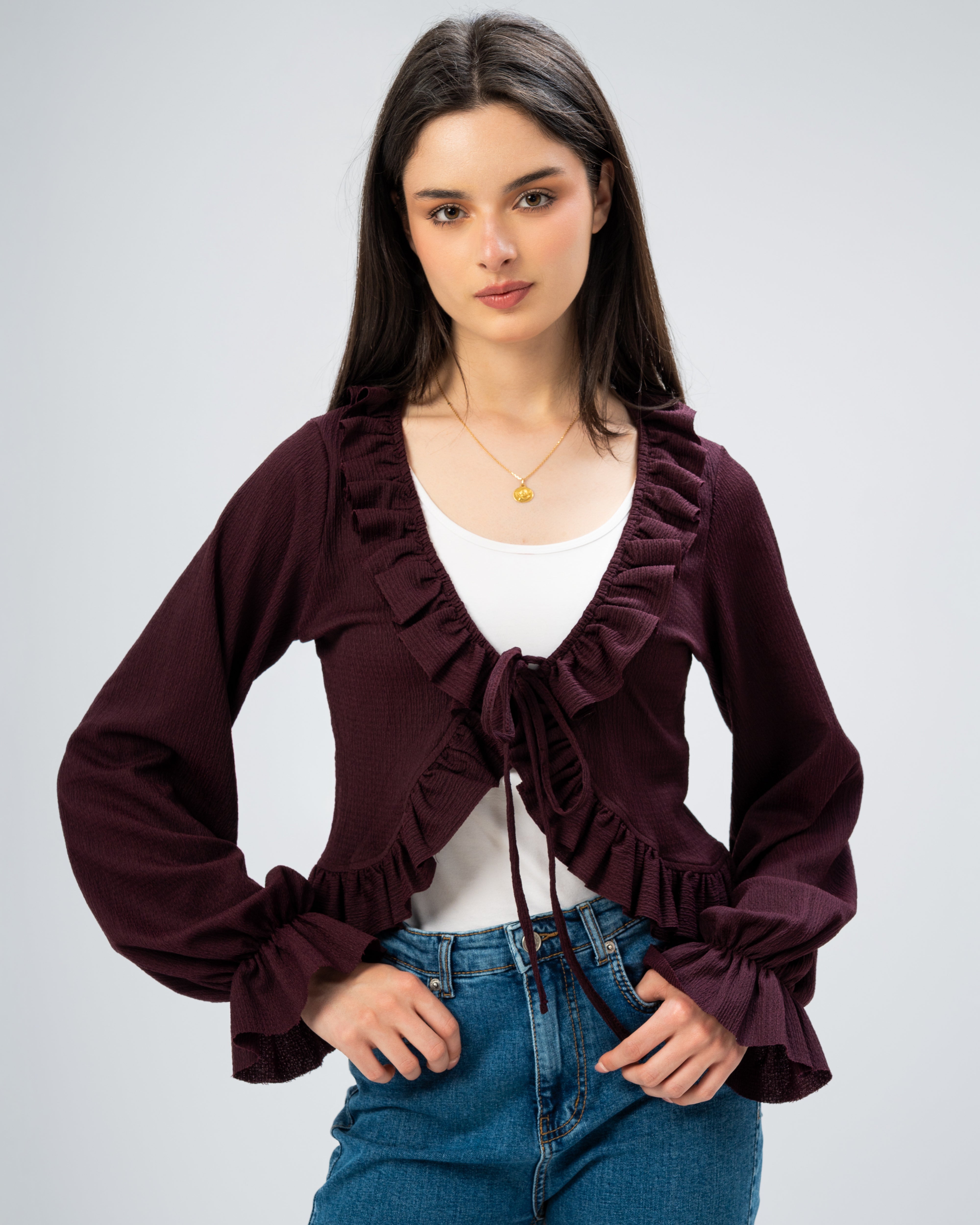 Ruffled Tie-Front Cropped Blouse