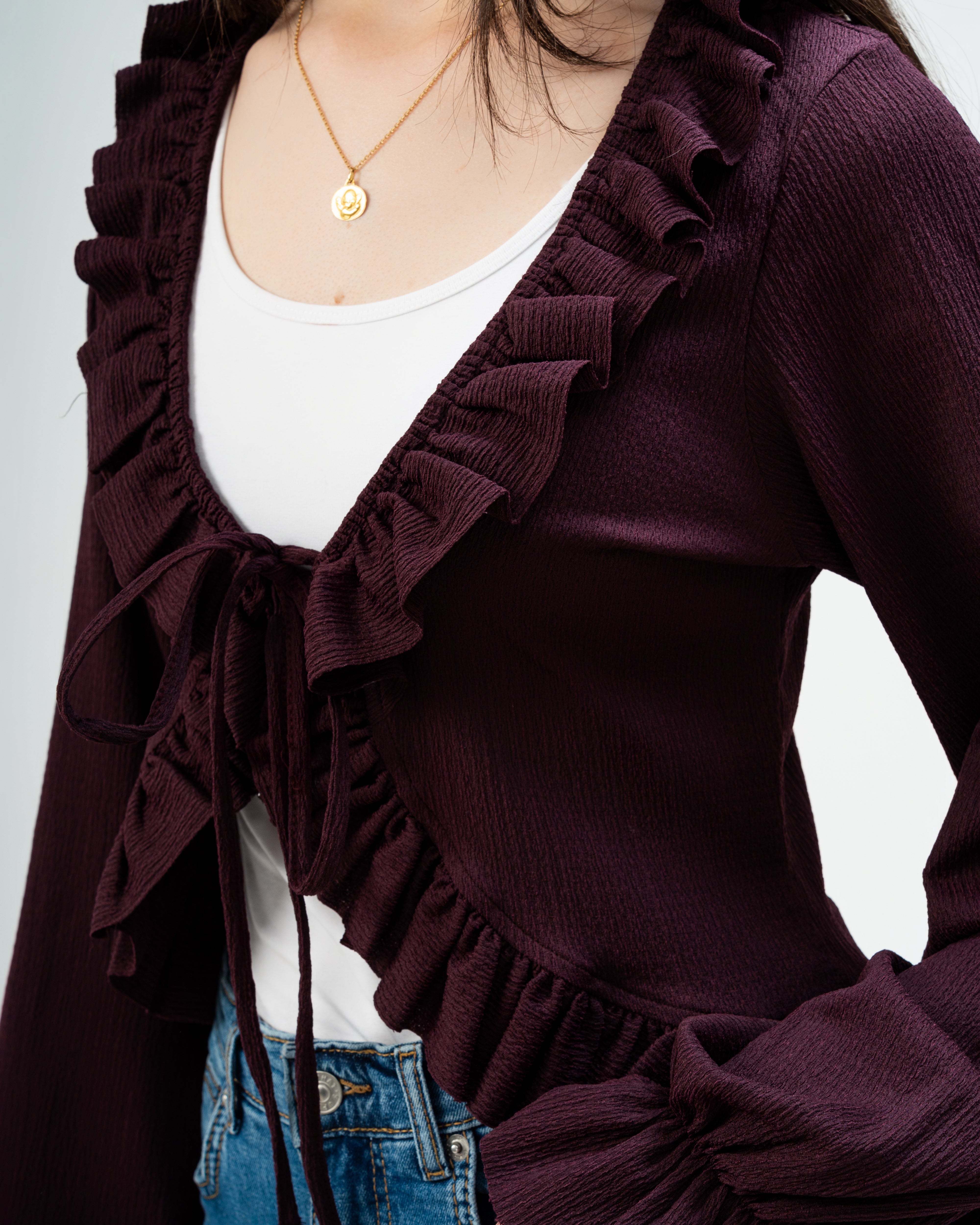 Ruffled Tie-Front Cropped Blouse