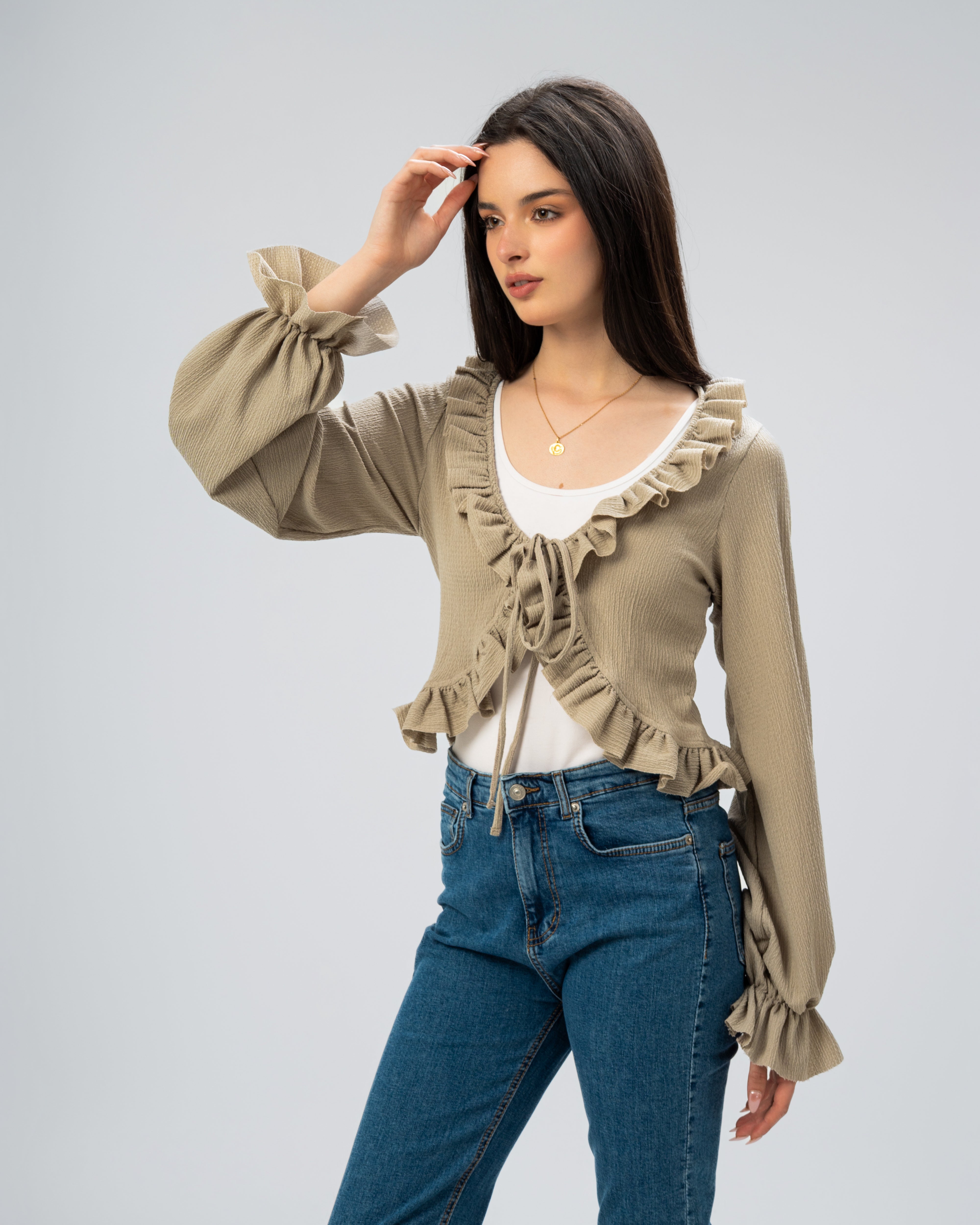 Ruffled Tie-Front Cropped Blouse