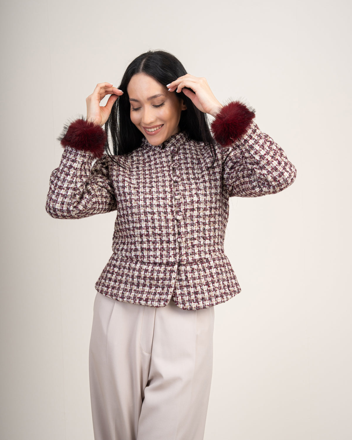 Cropped Jacket With - Fur Sleeves