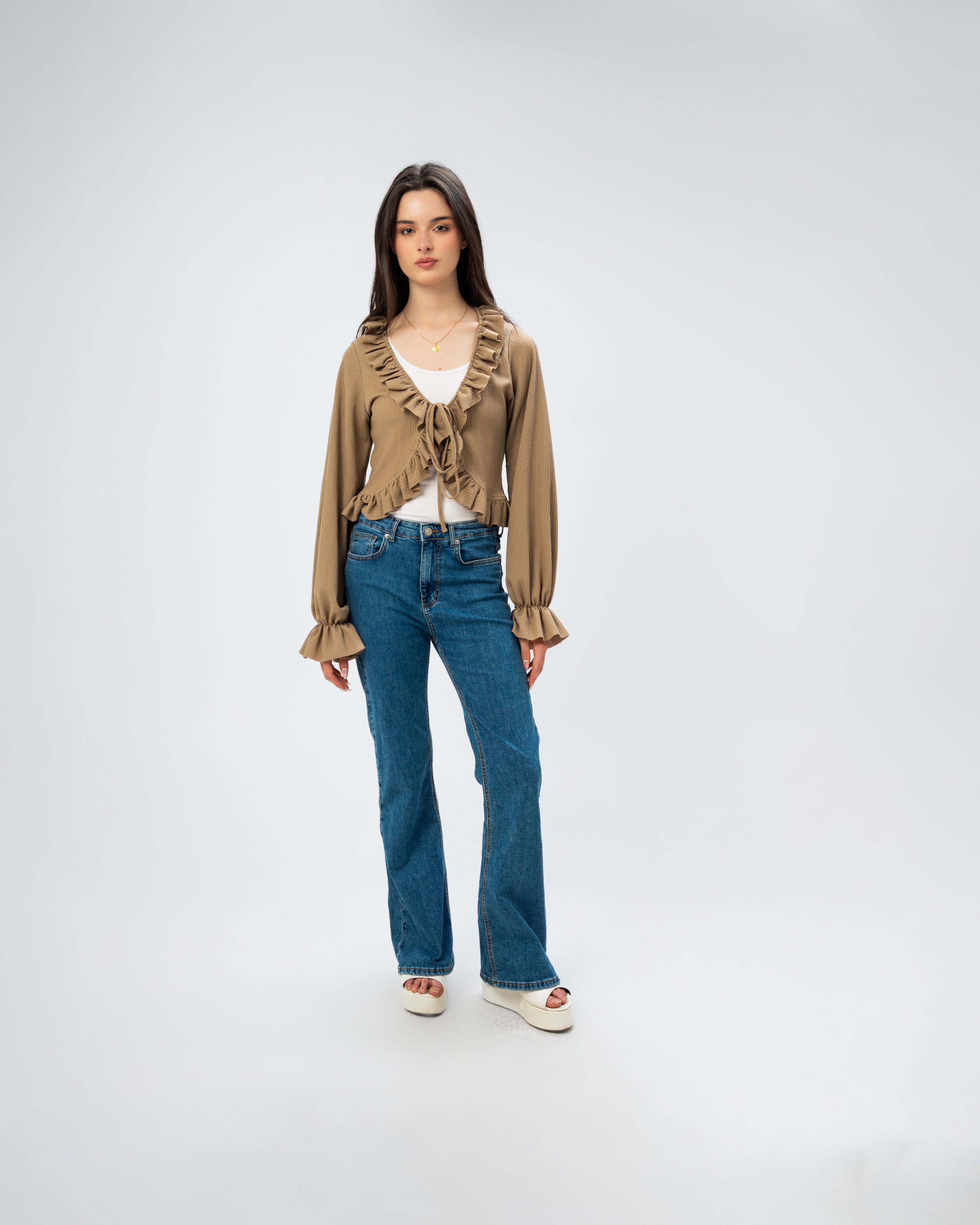 Ruffled Tie-Front Cropped Blouse