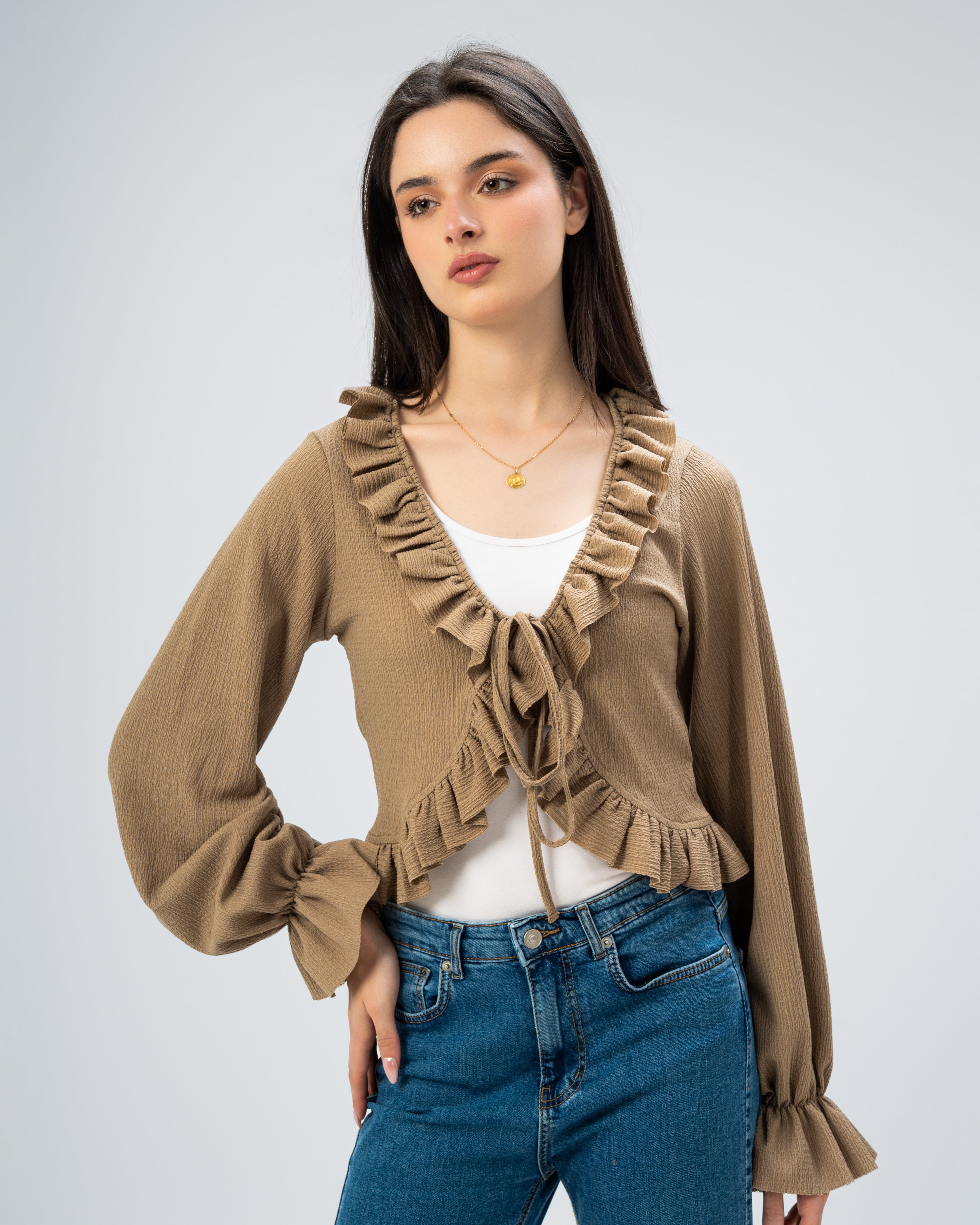 Ruffled Tie-Front Cropped Blouse