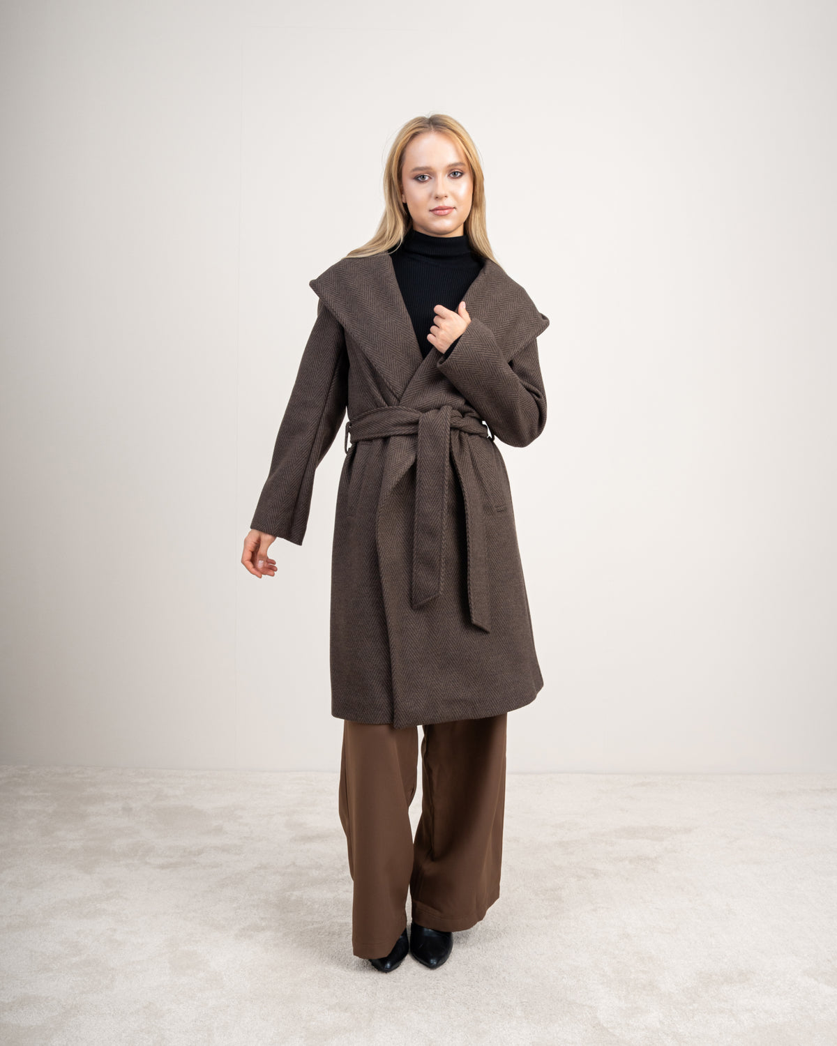Patterned Wool Coat With Belt