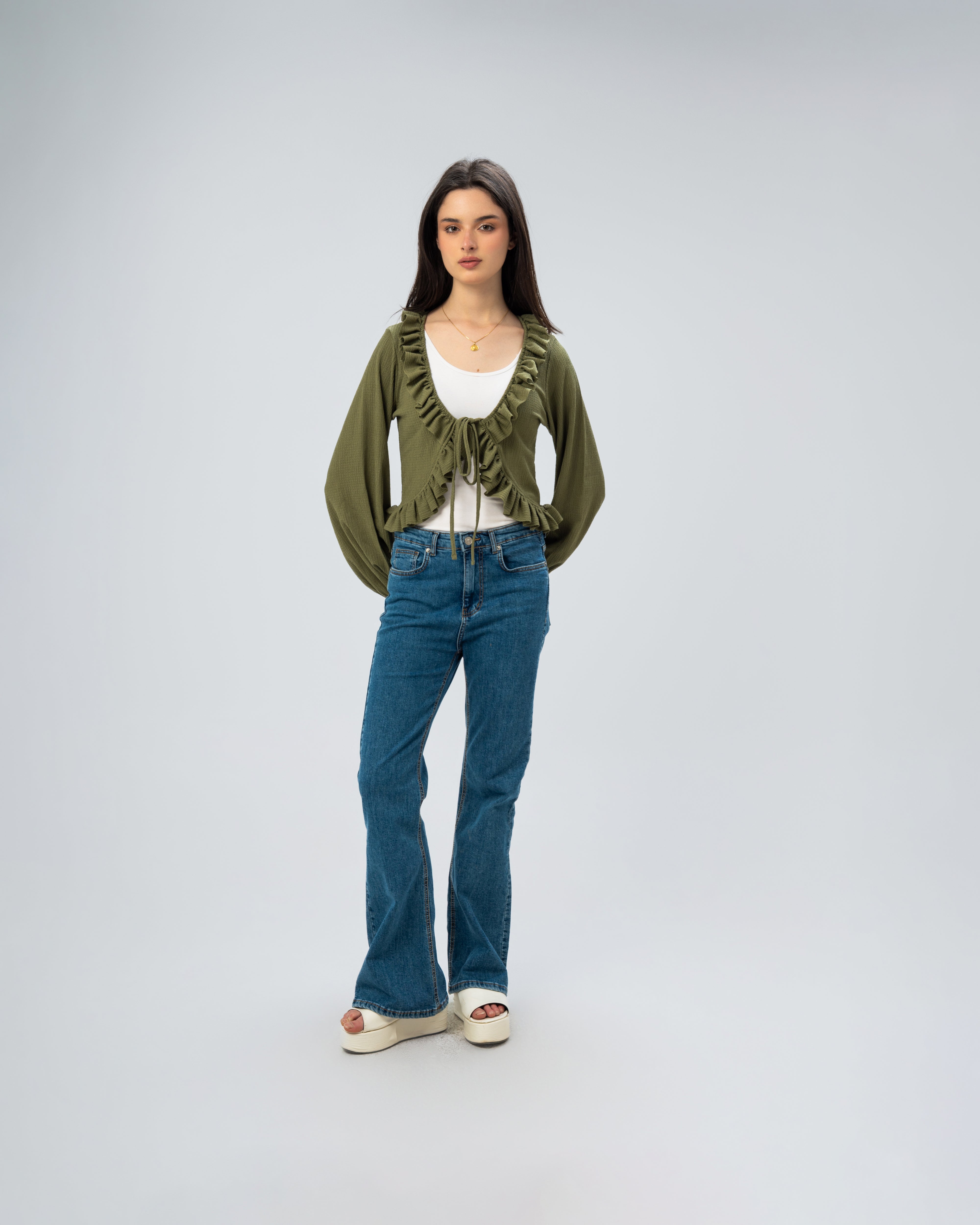 Ruffled Tie-Front Cropped Blouse