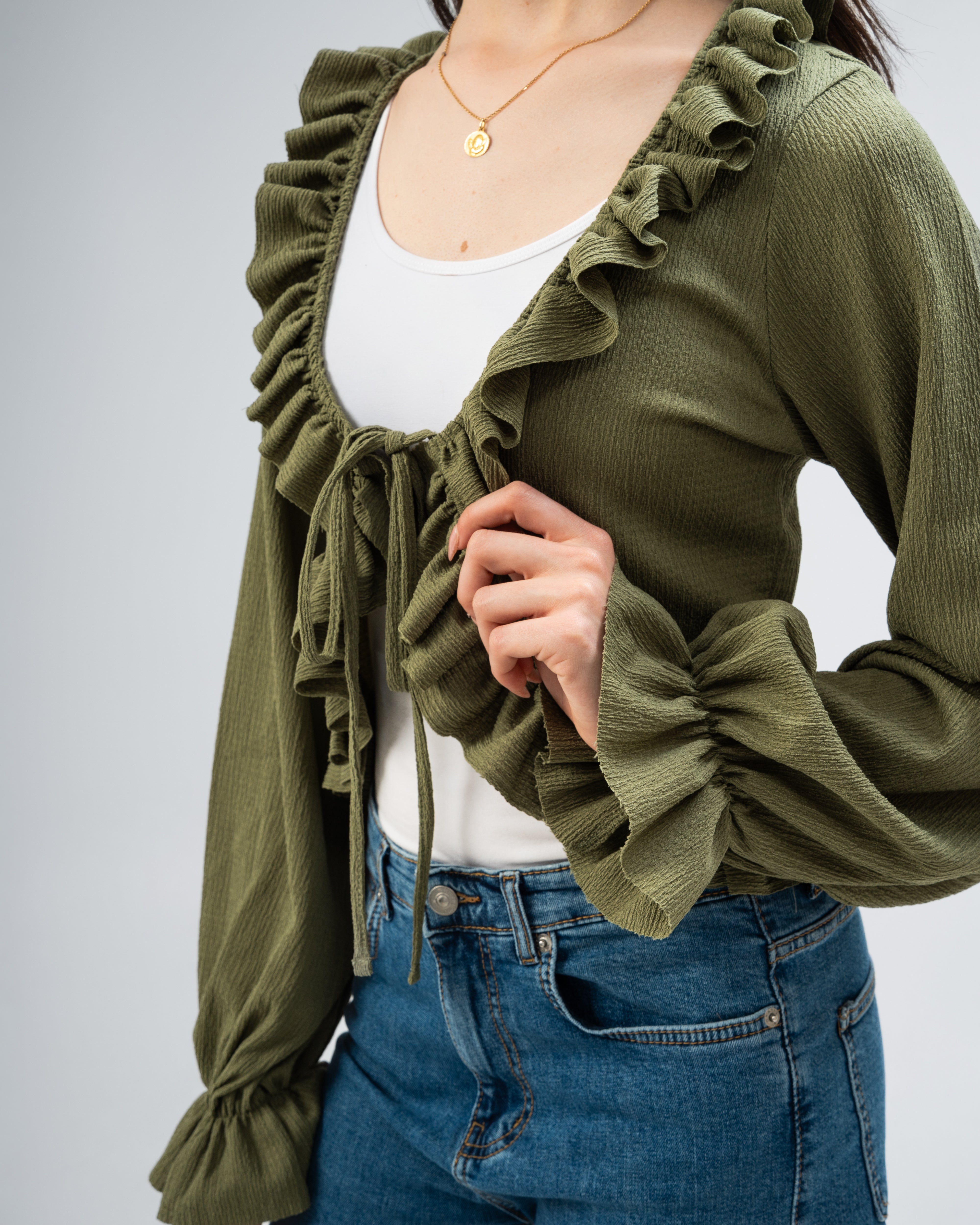 Ruffled Tie-Front Cropped Blouse