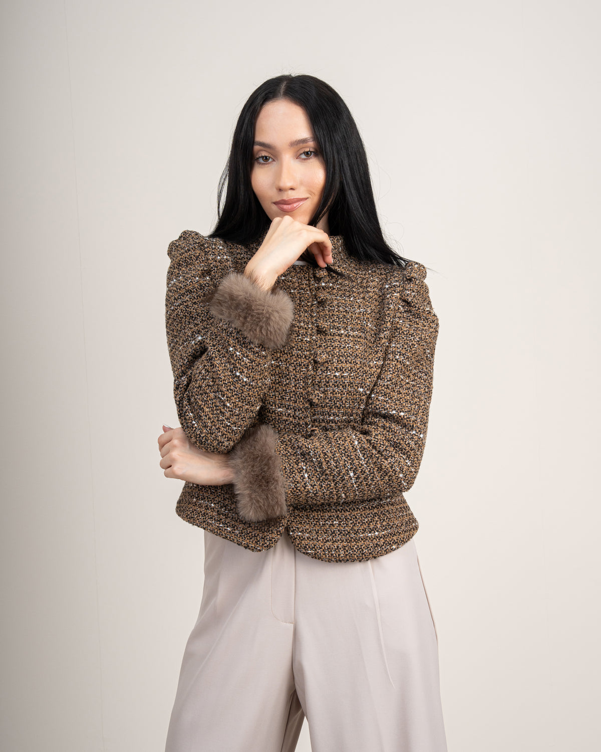 Cropped Jacket With - Fur Sleeves