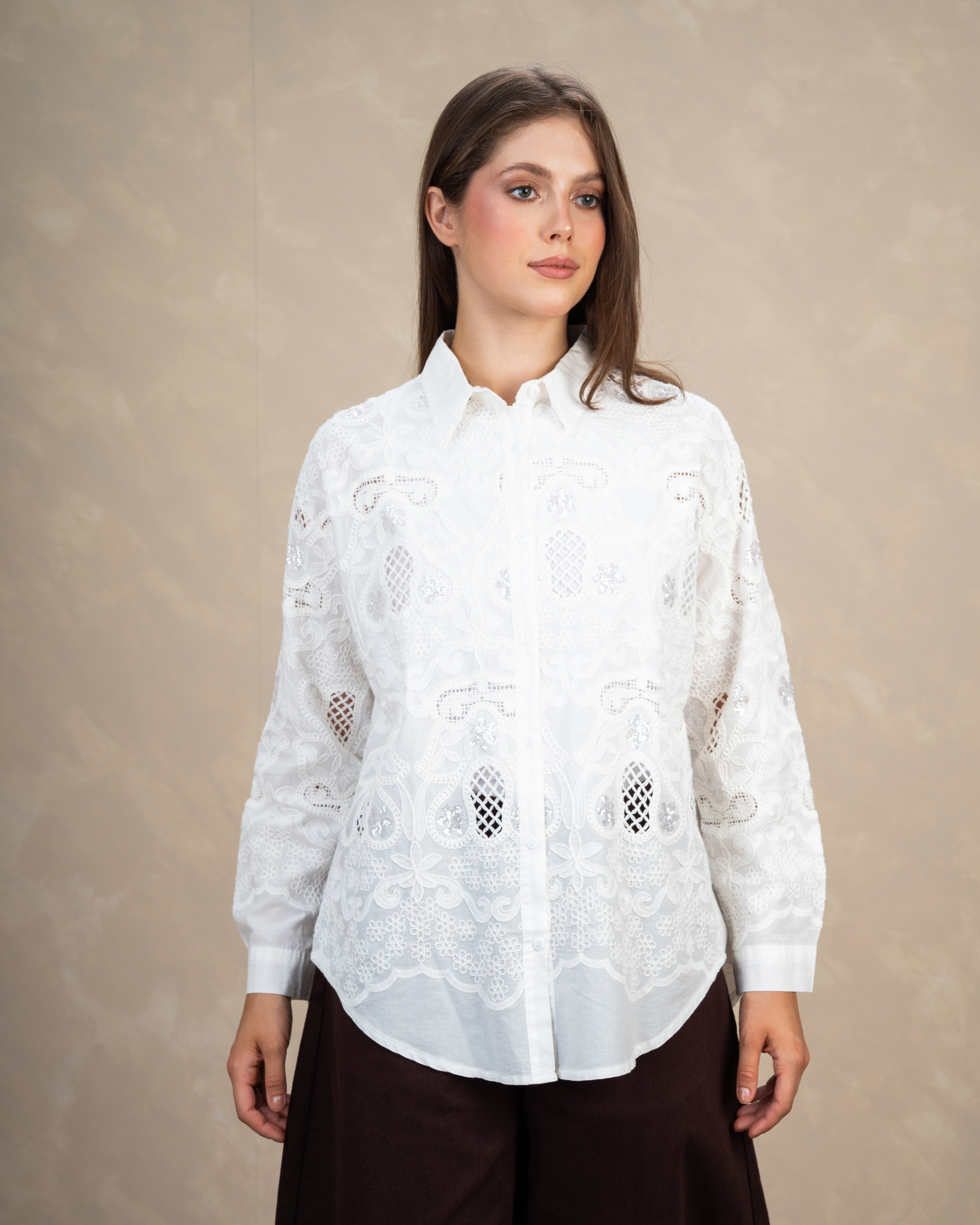 Lace Shirt With Floral Mesh Embroidery