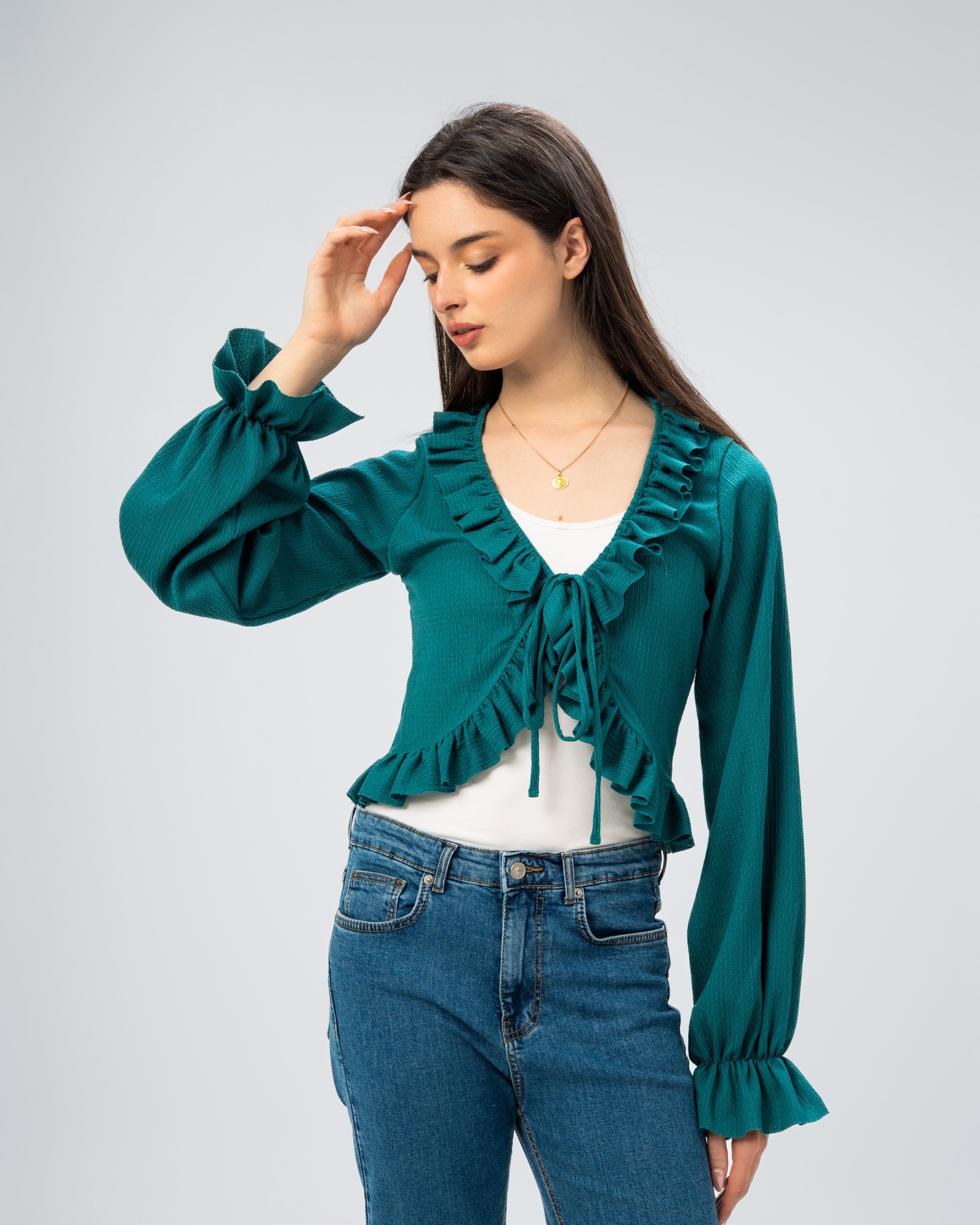 Ruffled Tie-Front Cropped Blouse