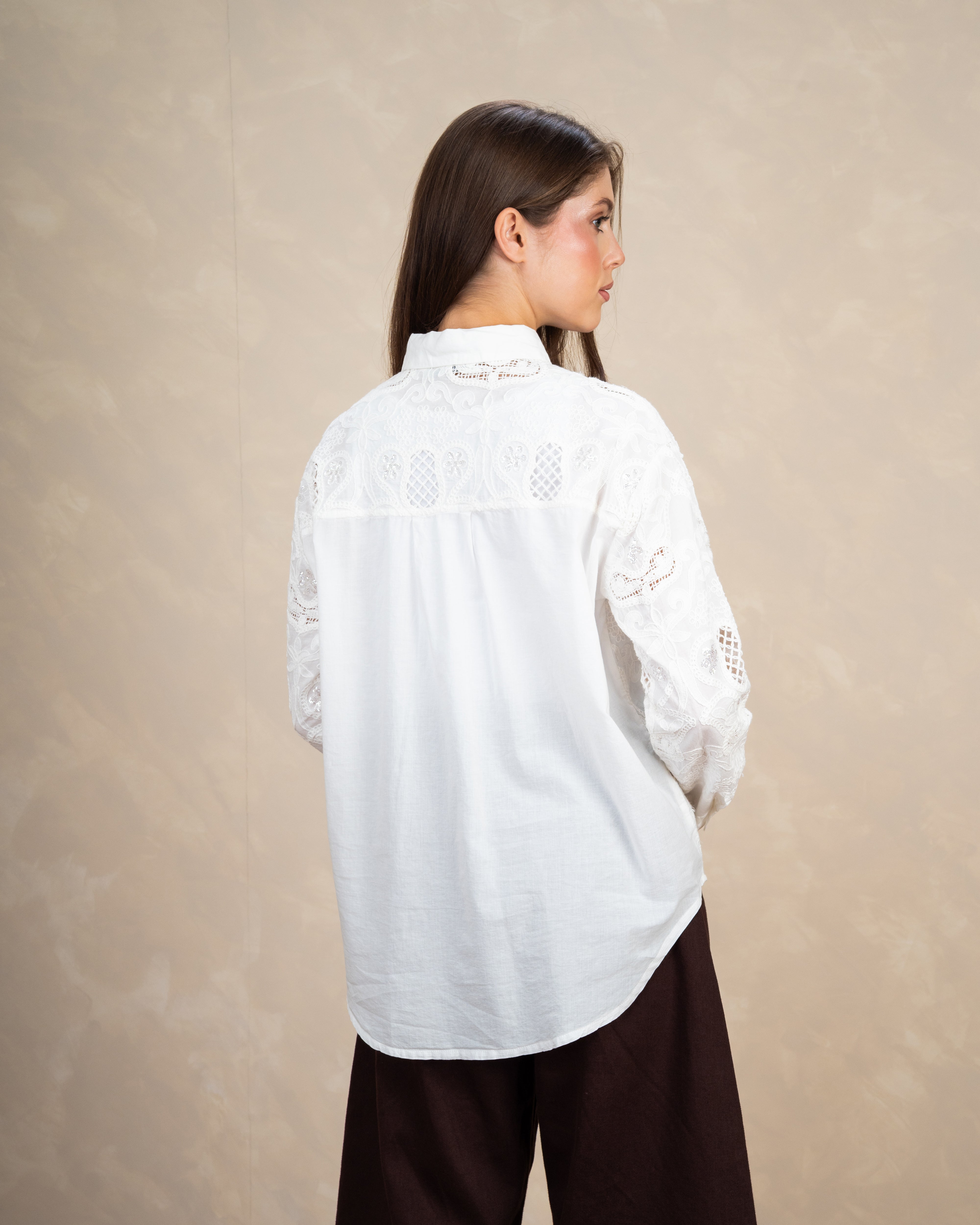 Lace Shirt With Floral Mesh Embroidery