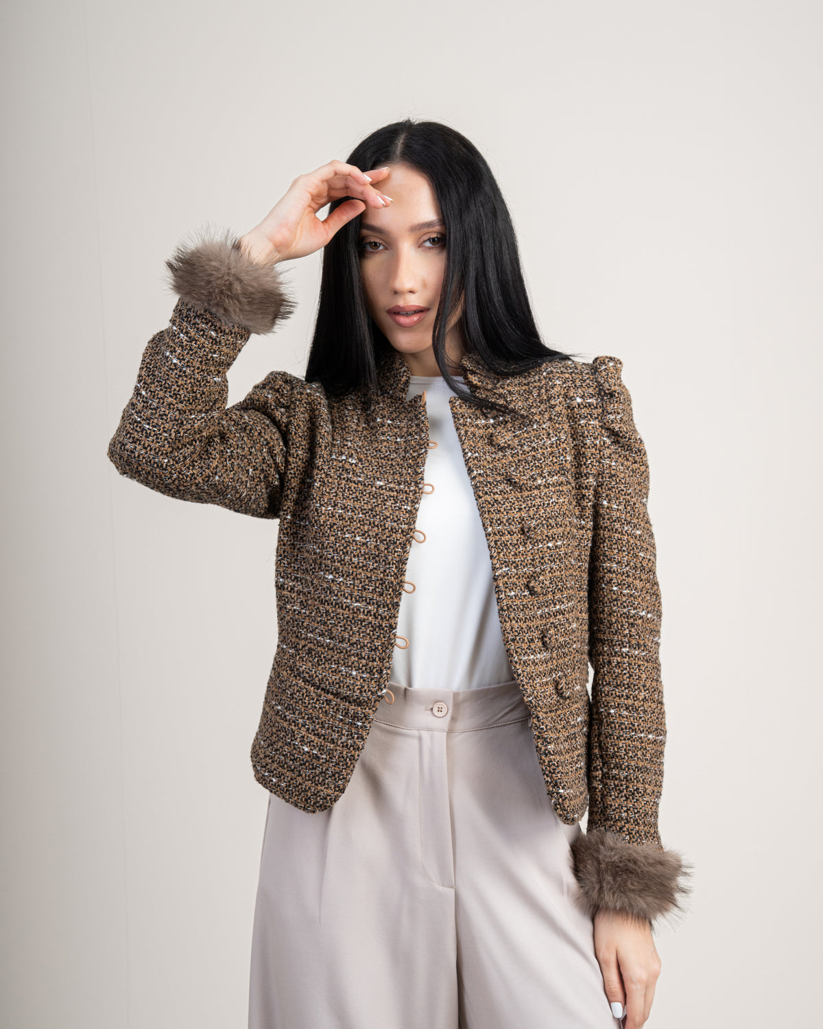 Cropped Jacket With - Fur Sleeves