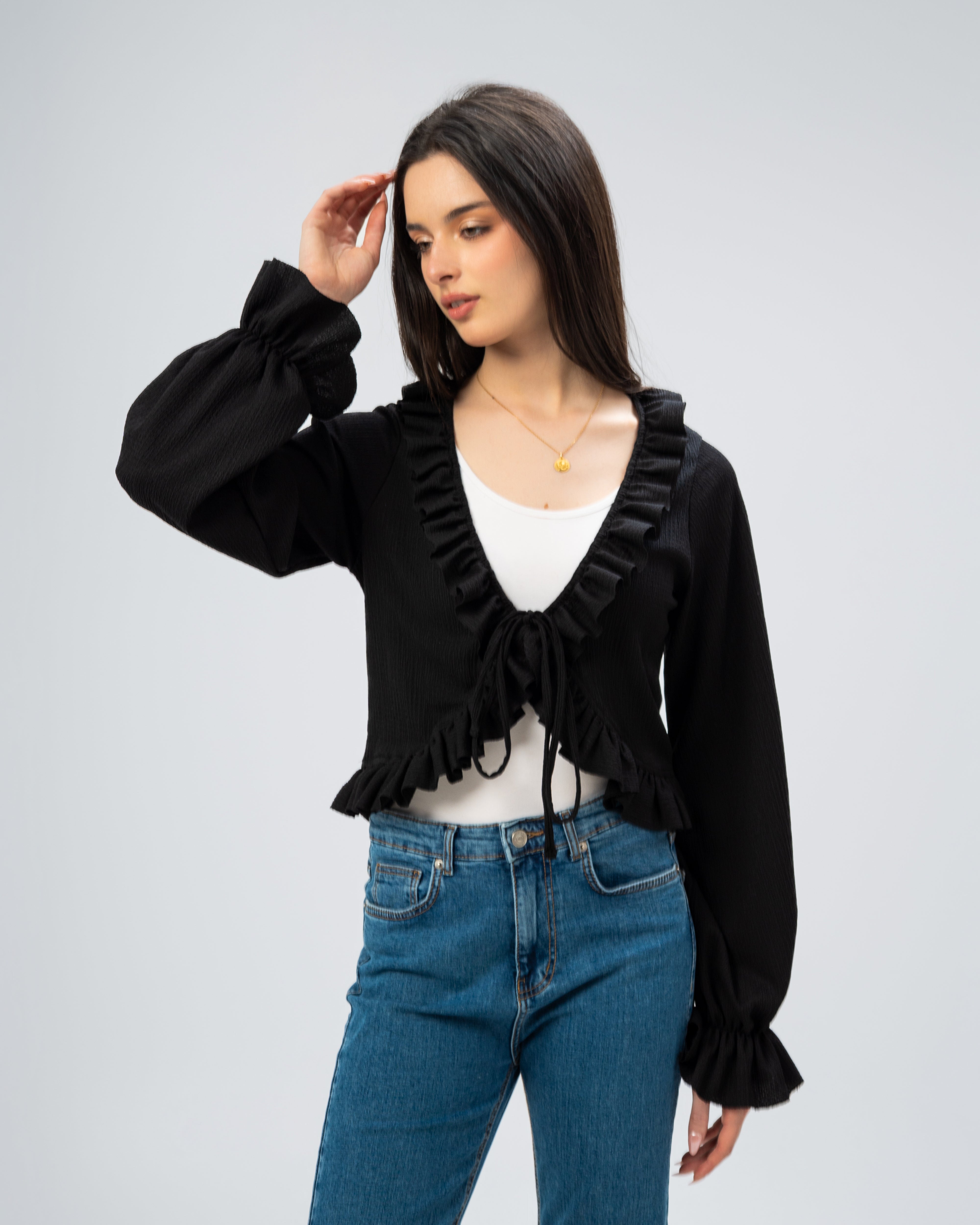 Ruffled Tie-Front Cropped Blouse