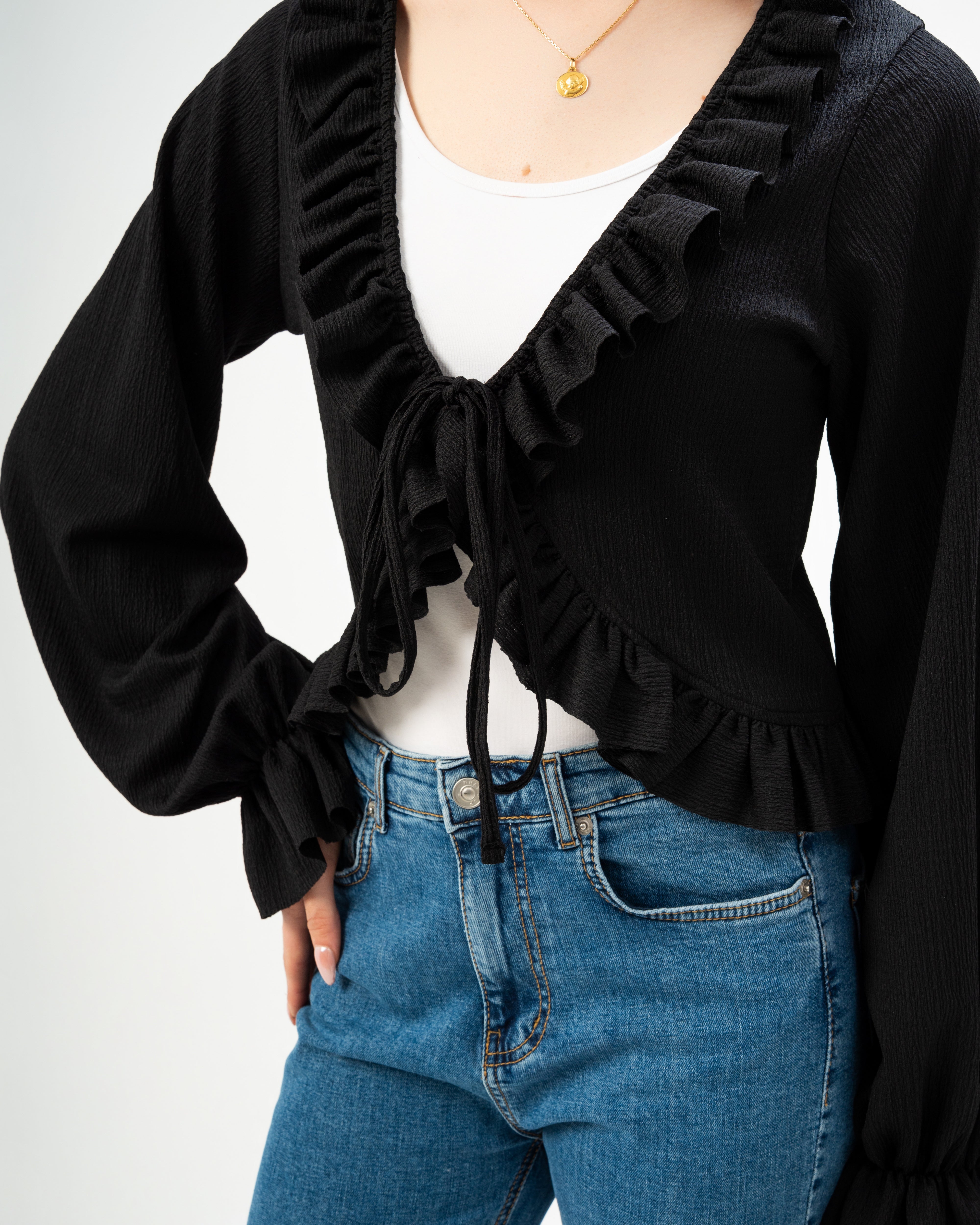Ruffled Tie-Front Cropped Blouse