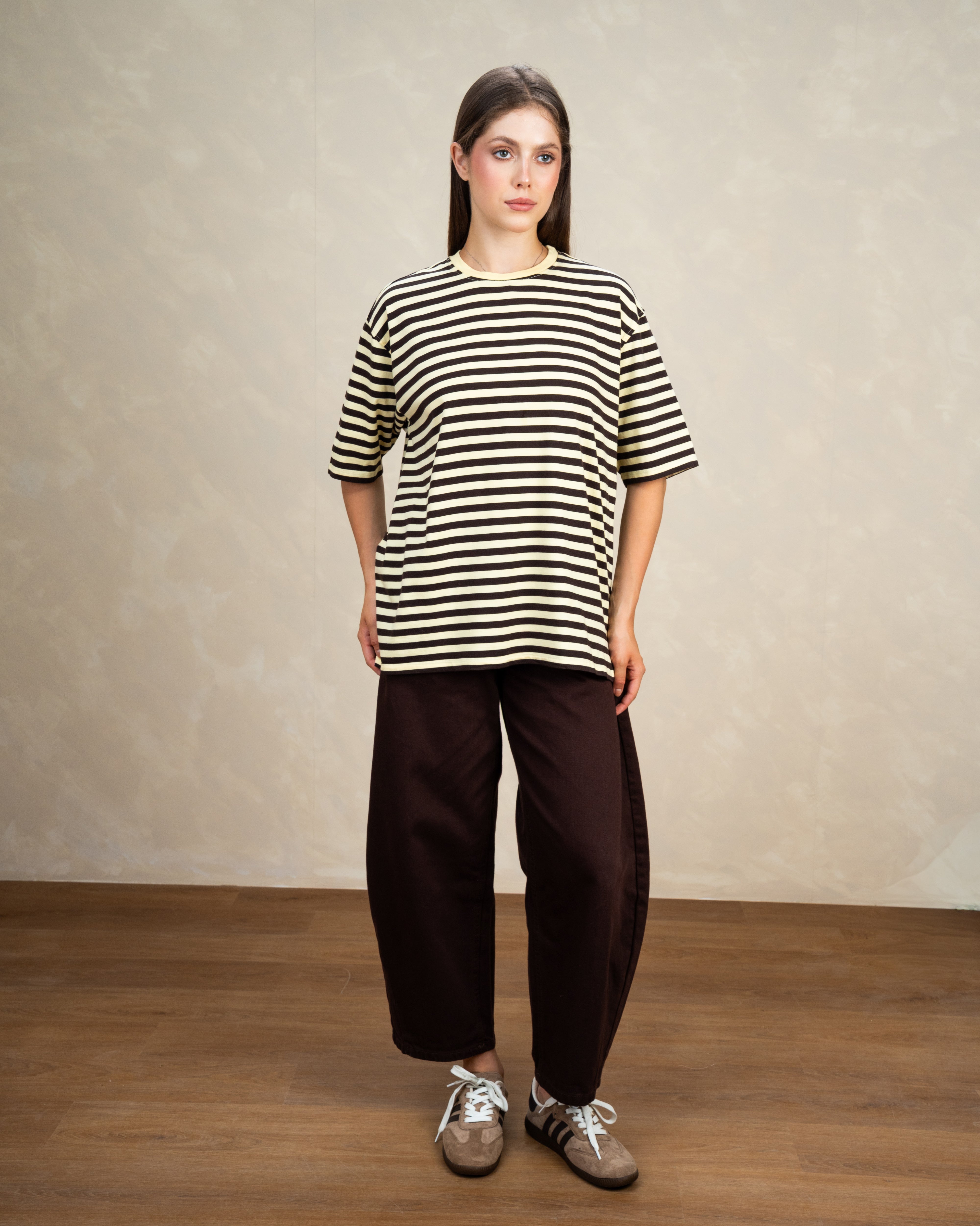 Short Colorful Shadow-Striped Basic Top