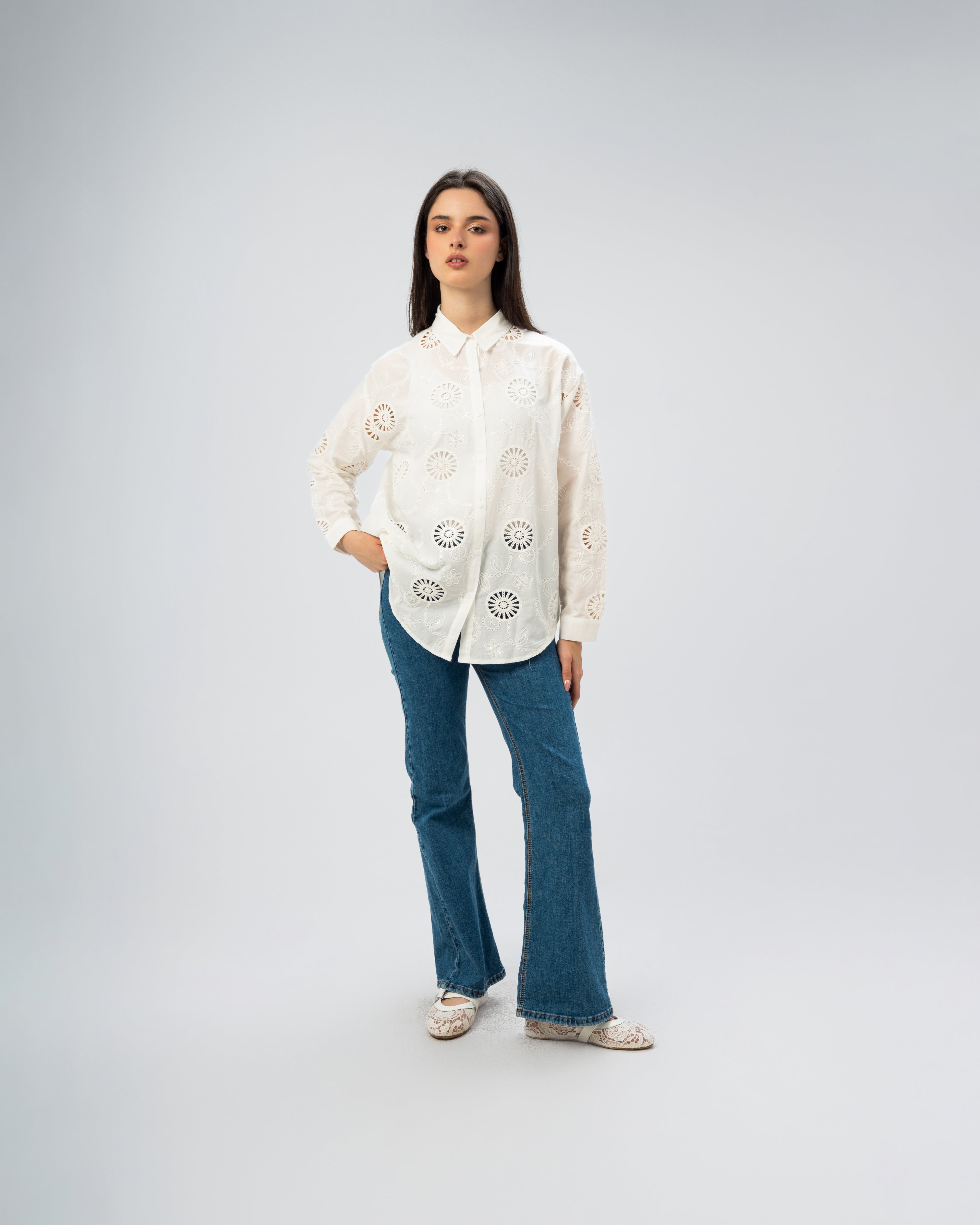 Embroidered shirt with circles and squares