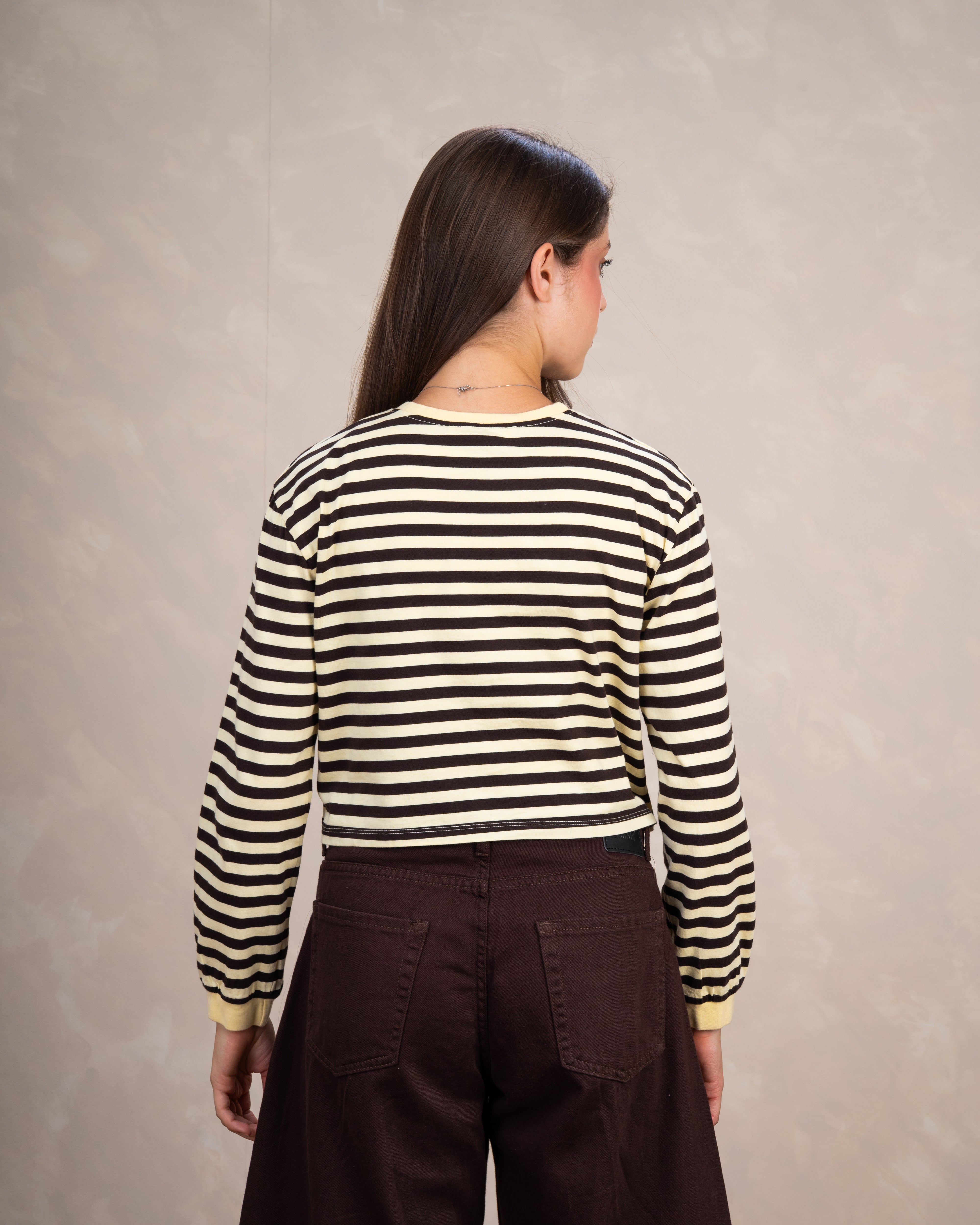 Colorful Striped Basic Top With Elastic Sleeves