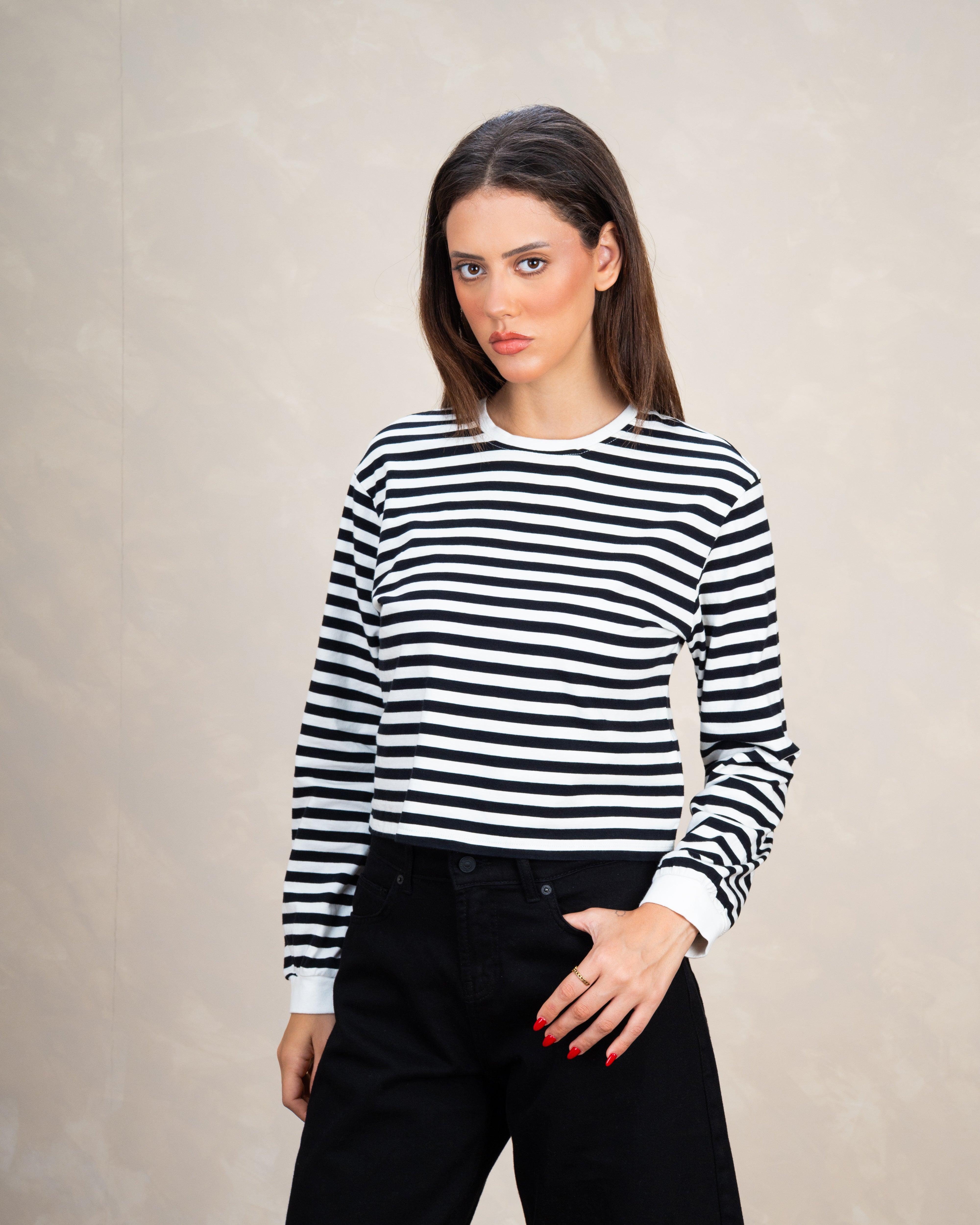 Colorful Striped Basic Top With Elastic Sleeves