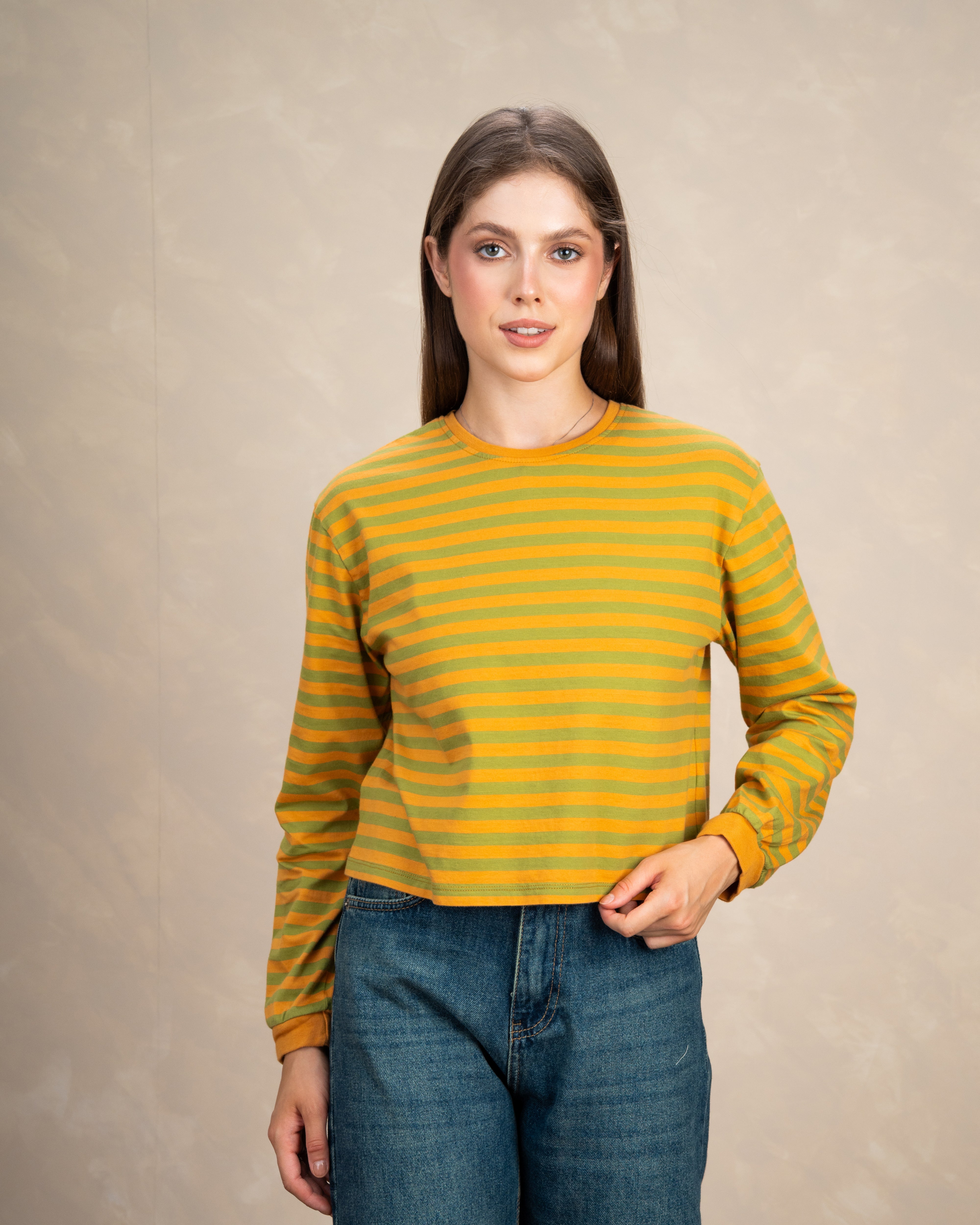 Colorful Striped Basic Top With Elastic Sleeves