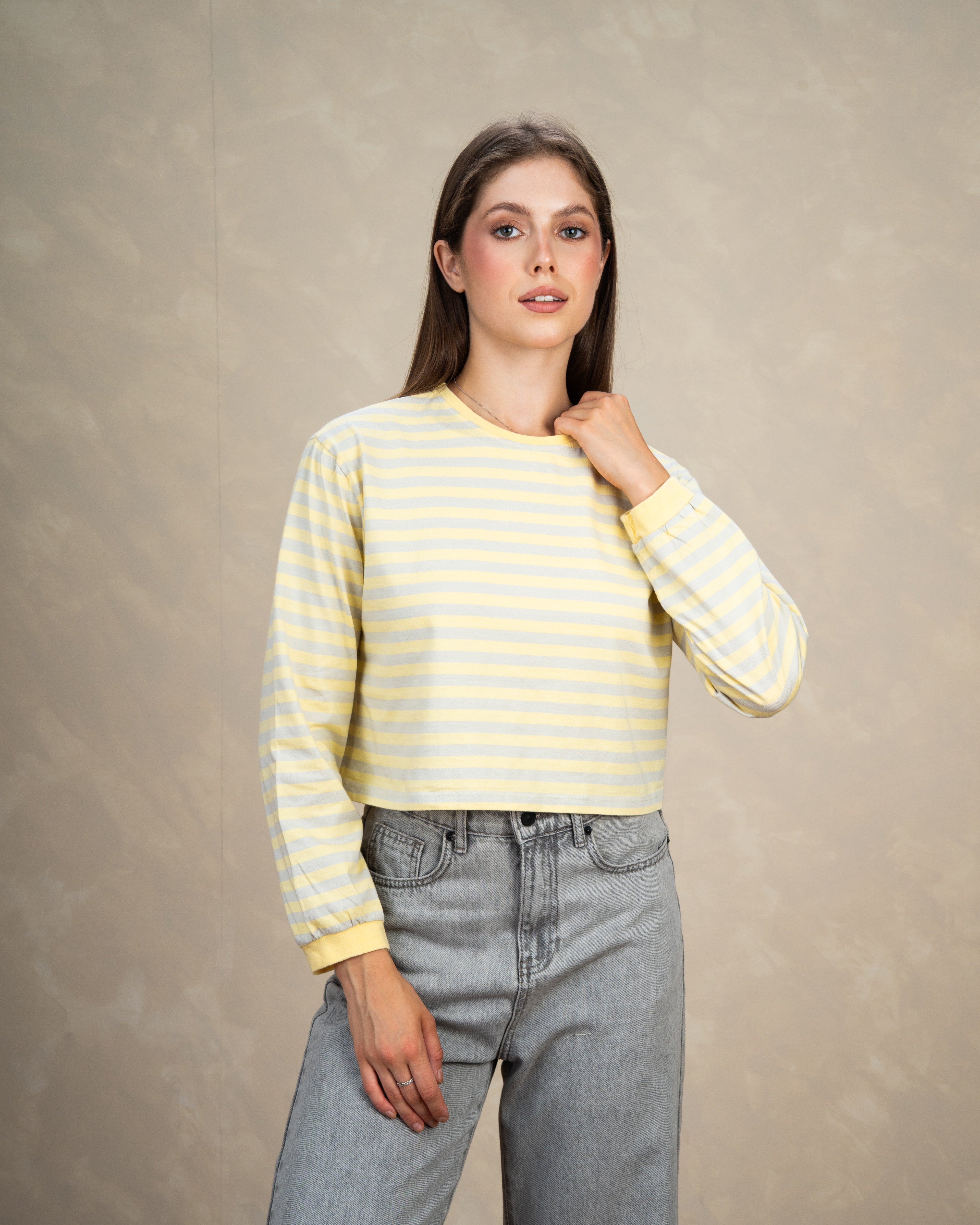Colorful Striped Basic Top With Elastic Sleeves