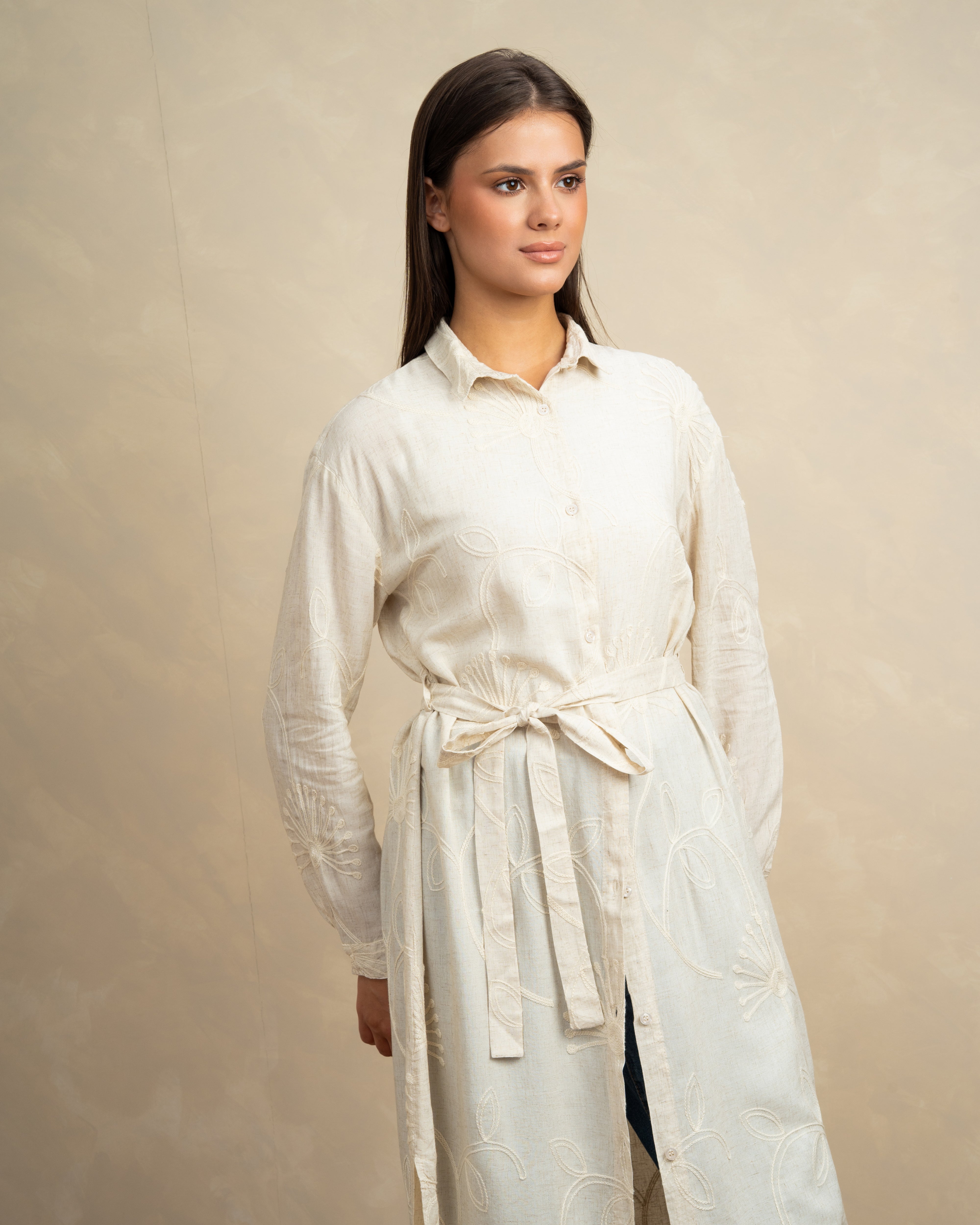 Embroidered Floral Dress With Belt