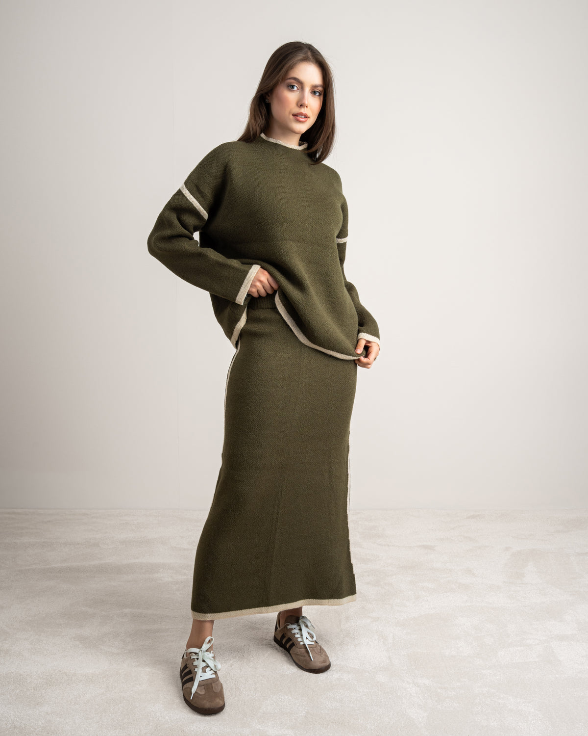 Plain Knitwear Suit - With Contrast Stripe
