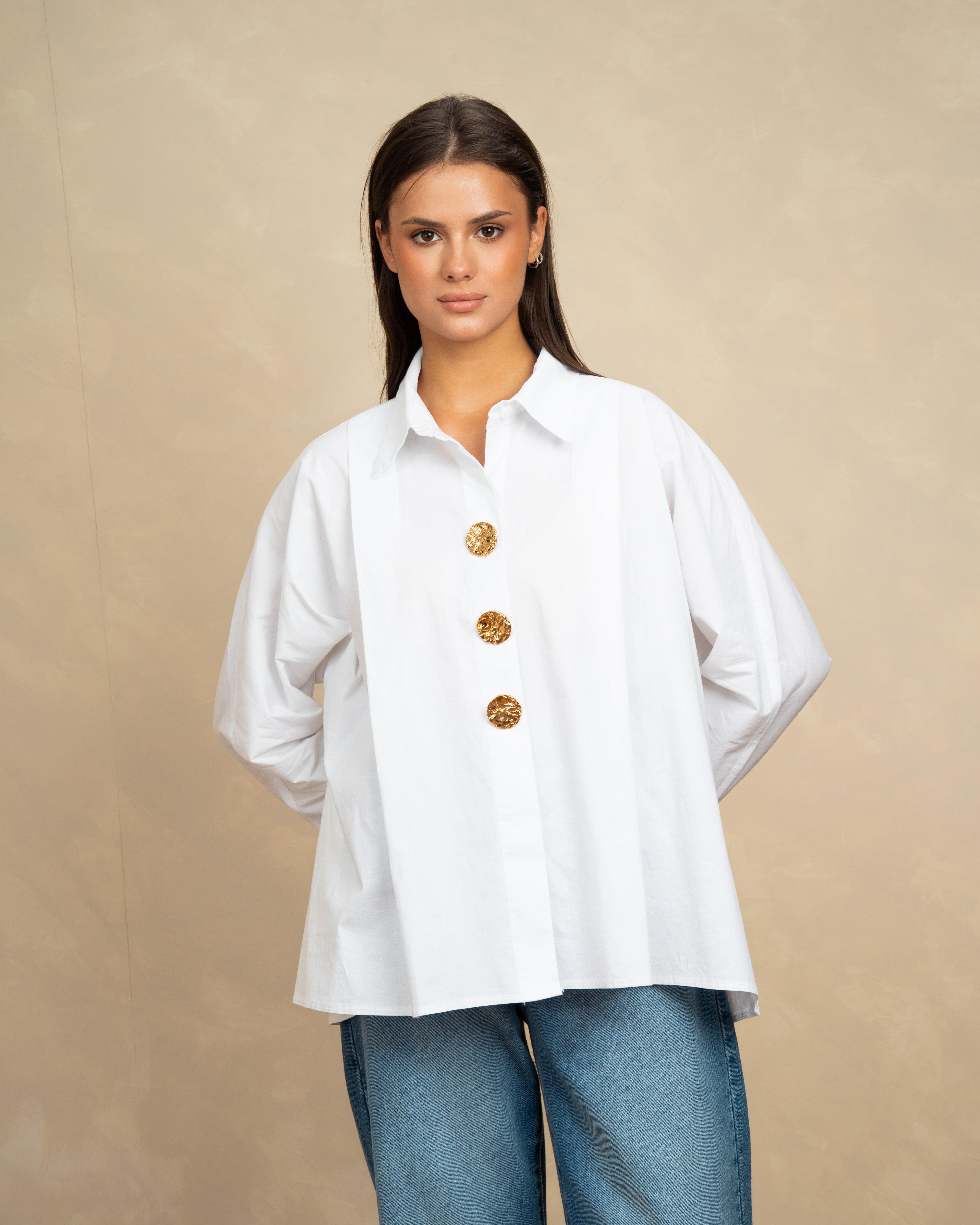Plain Poplin Shirt With Gold Buttons