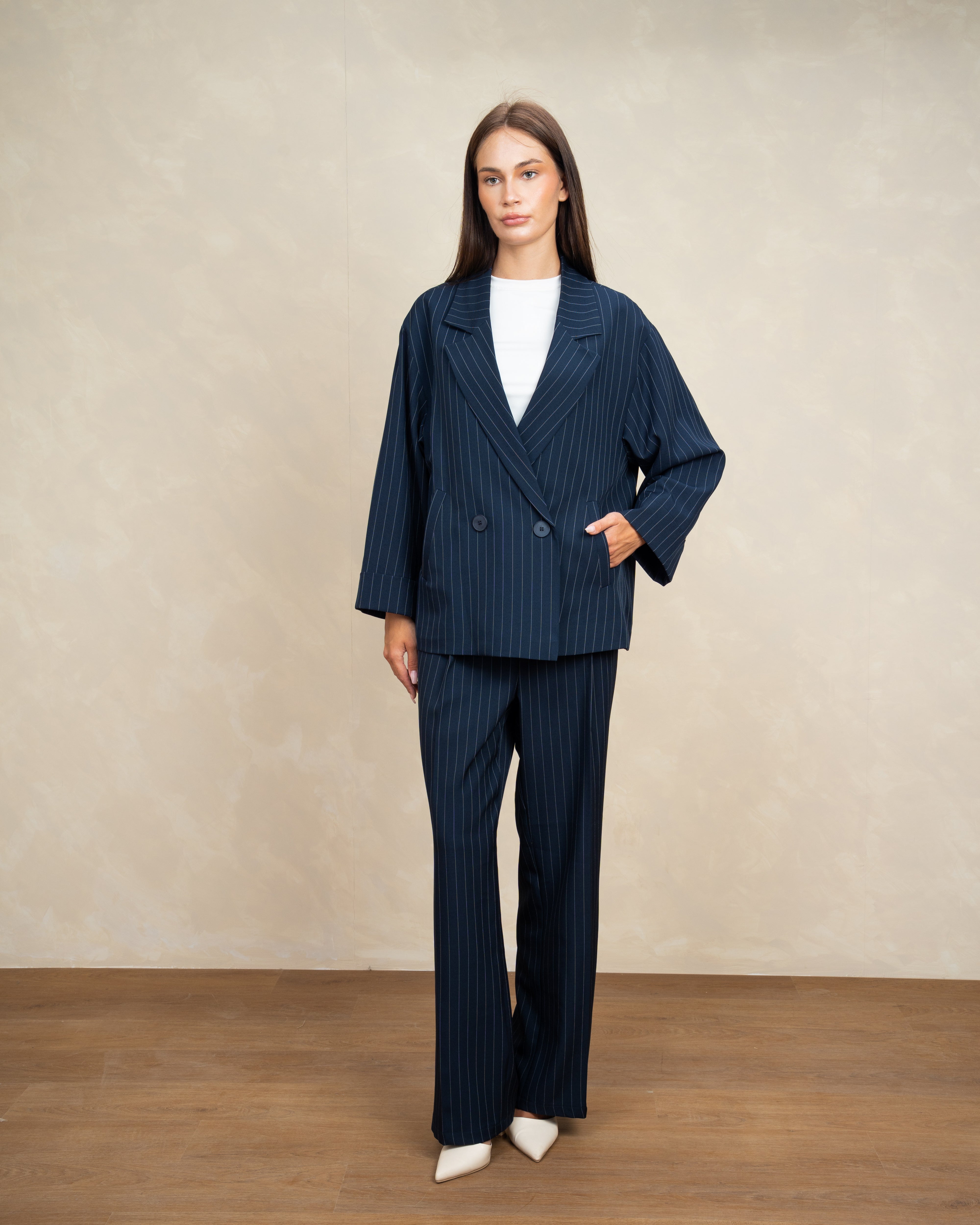 Long Striped Classic Blazer - With Rolled Sleeves