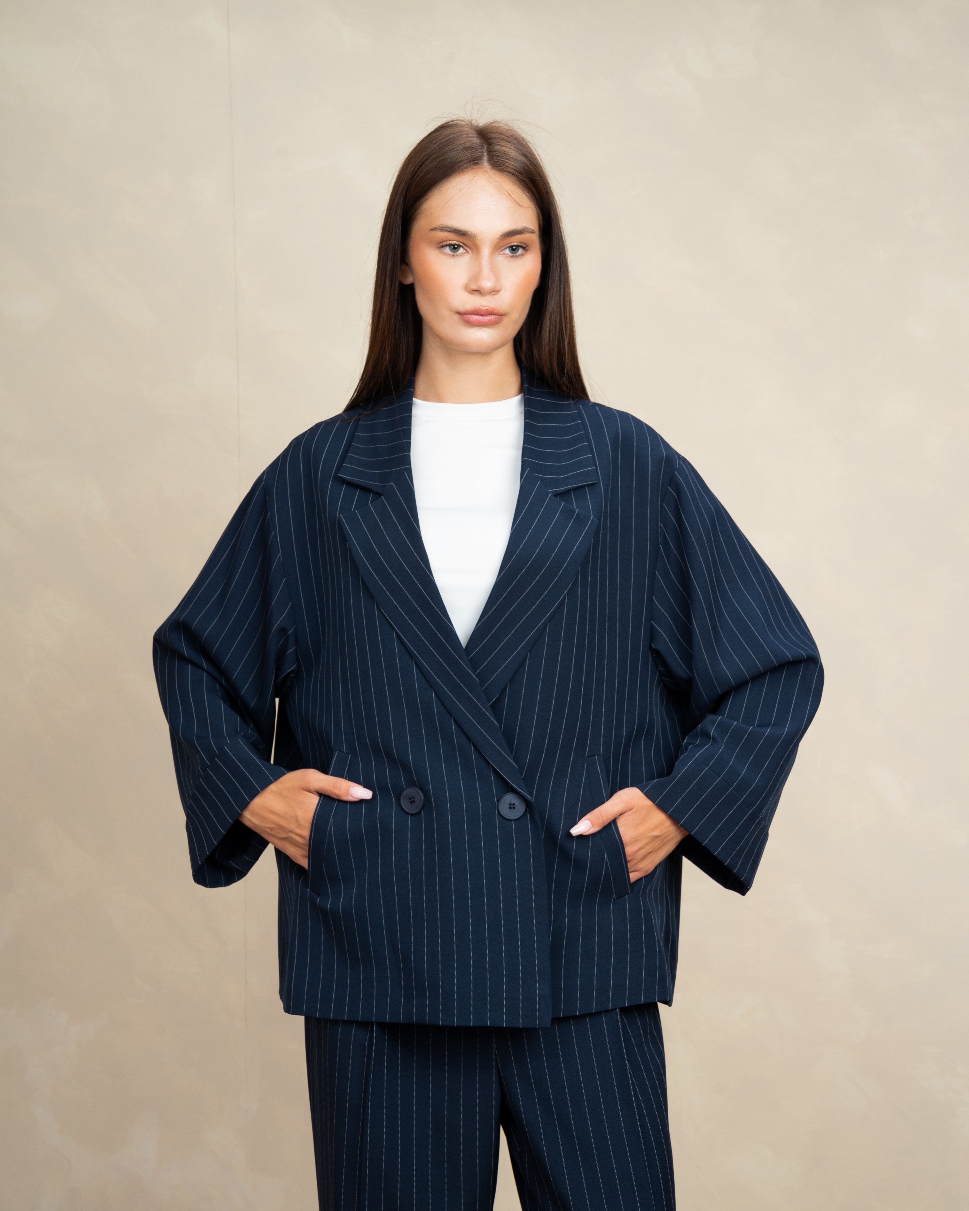 Long Striped Classic Blazer - With Rolled Sleeves