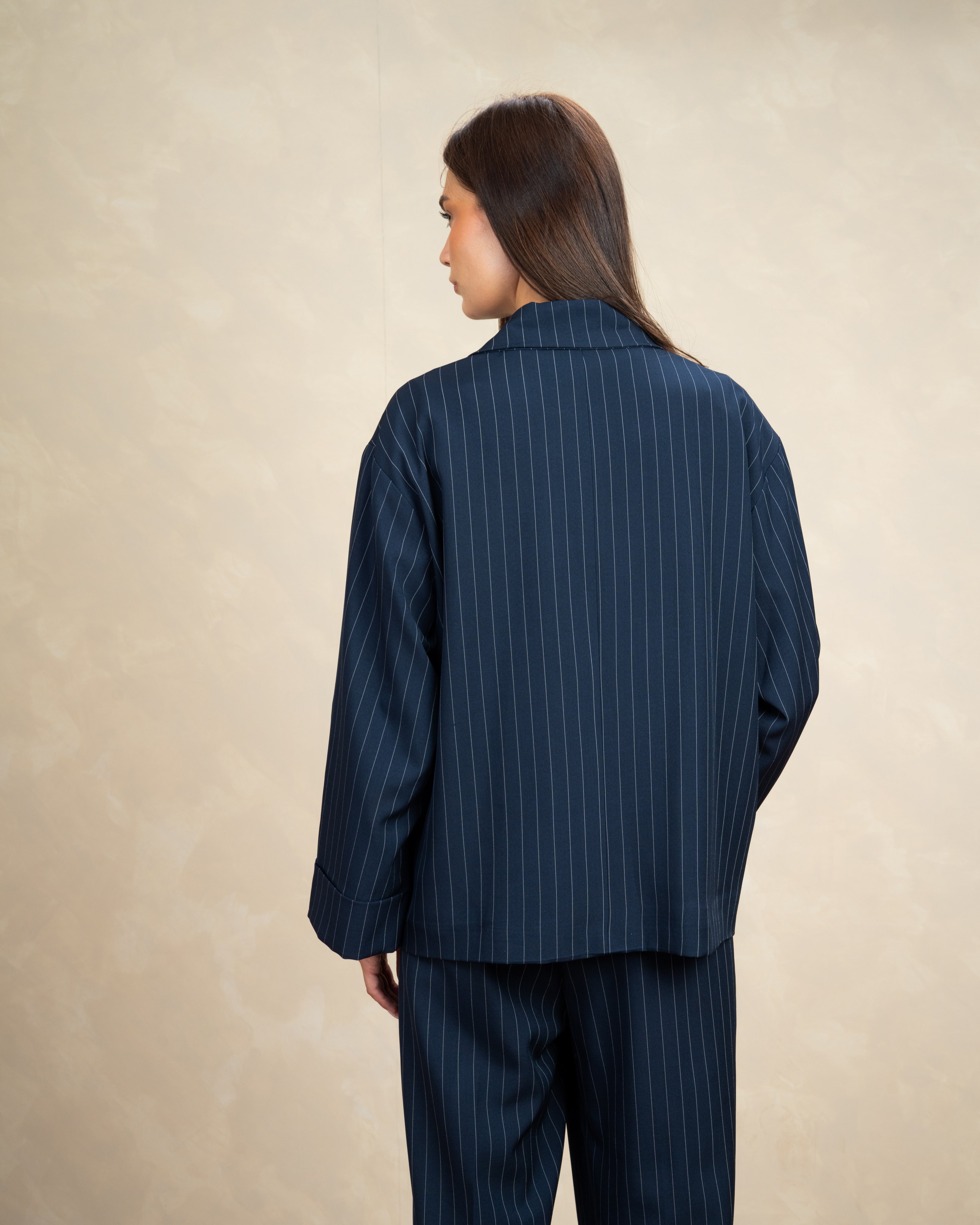 Long Striped Classic Blazer - With Rolled Sleeves