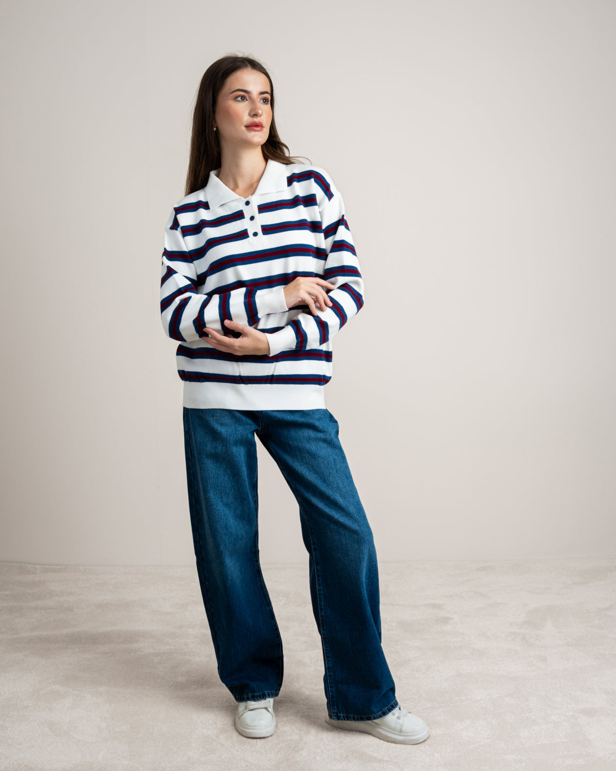 Striped Knitwear Pullover - With Button Collar