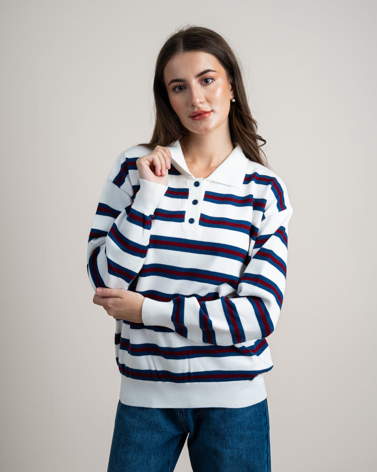 Striped Knitwear Pullover - With Button Collar