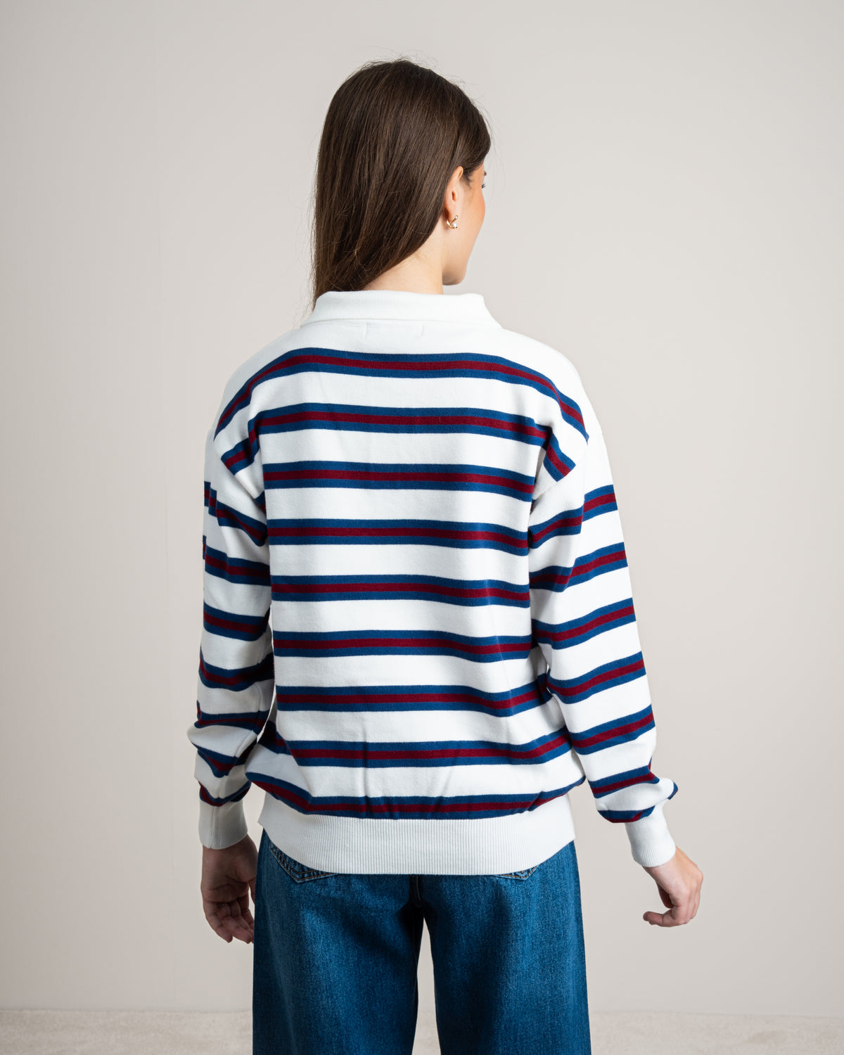 Striped Knitwear Pullover - With Button Collar