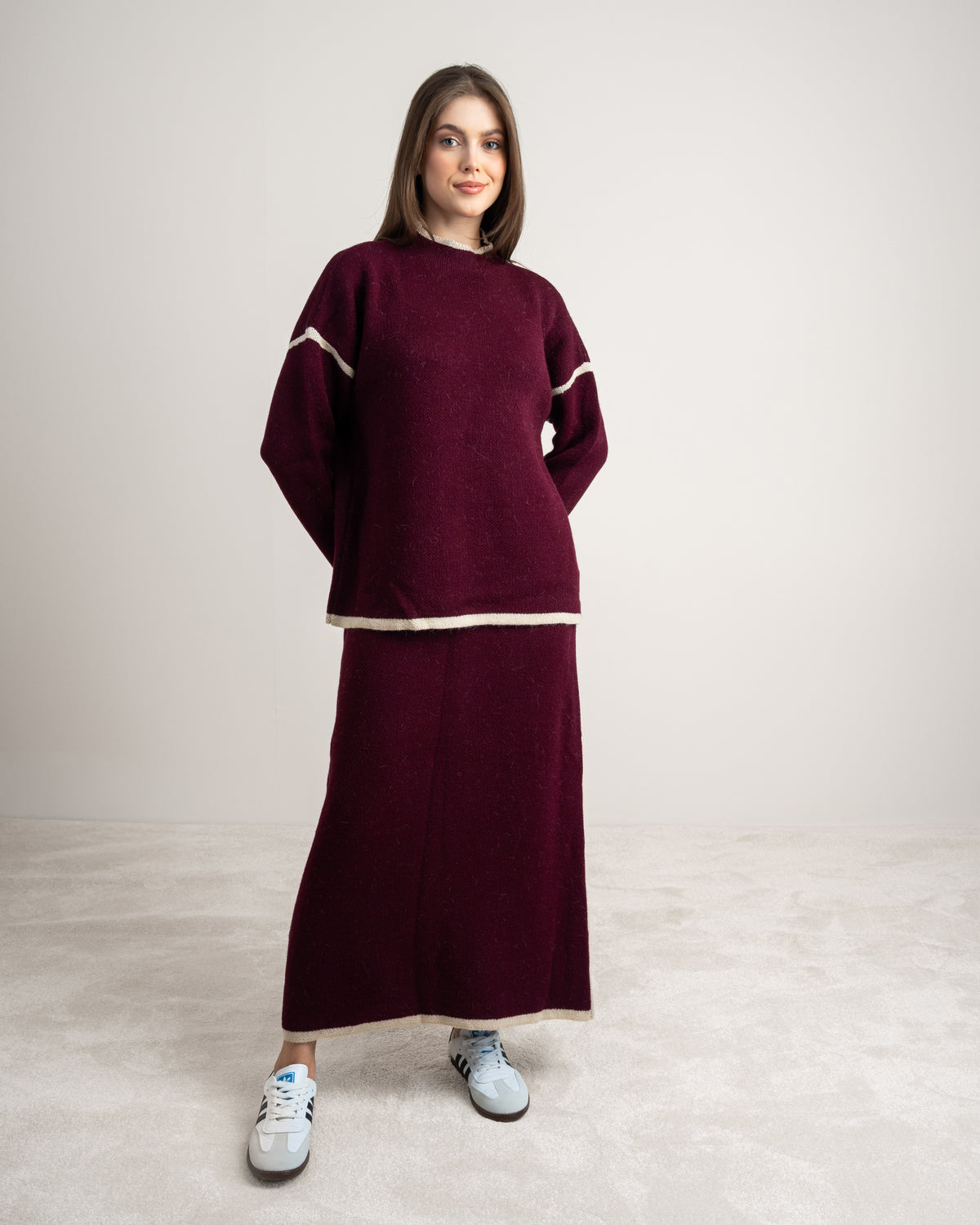 Plain Knitwear Suit - With Contrast Stripe