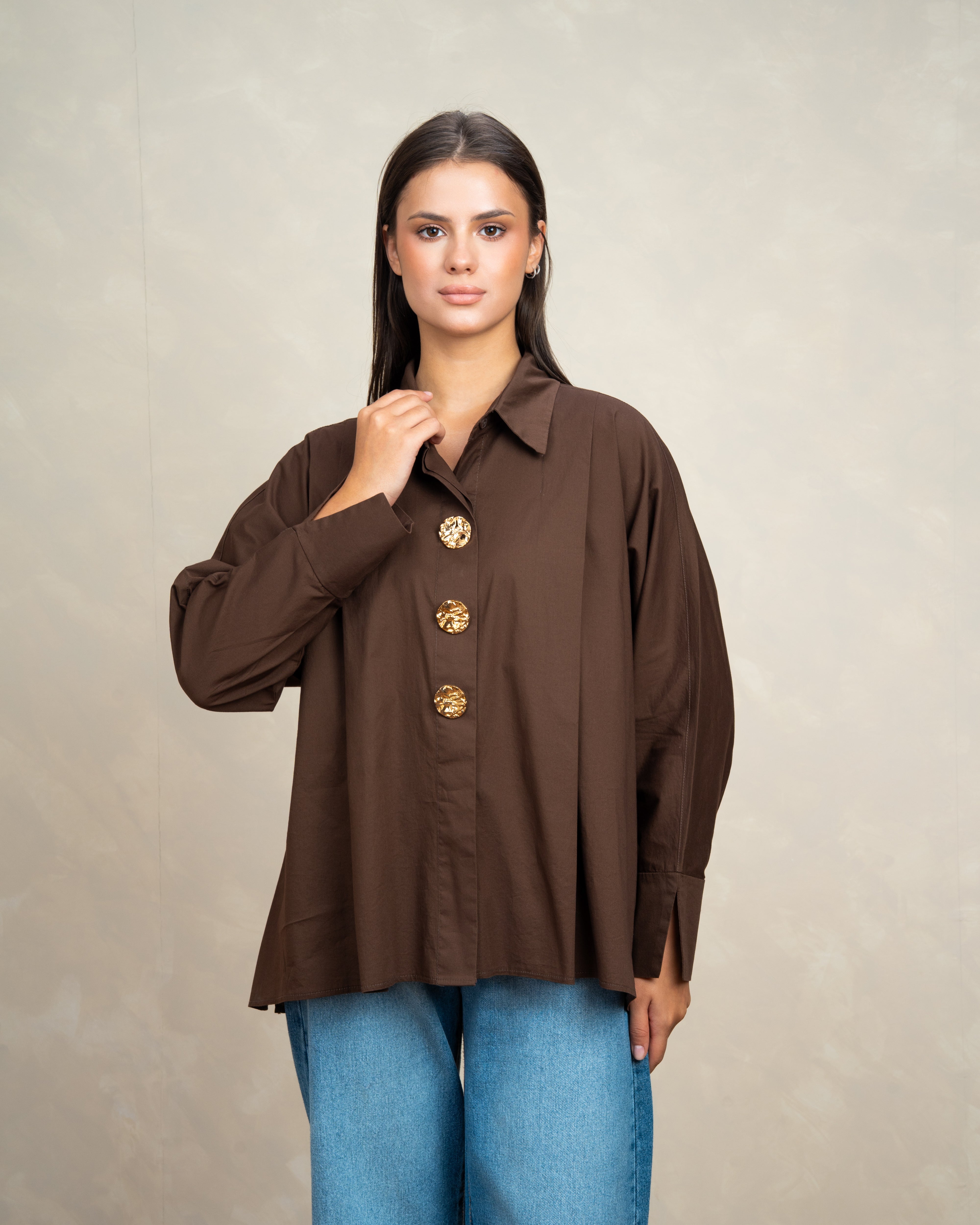 Plain Poplin Shirt With Gold Buttons