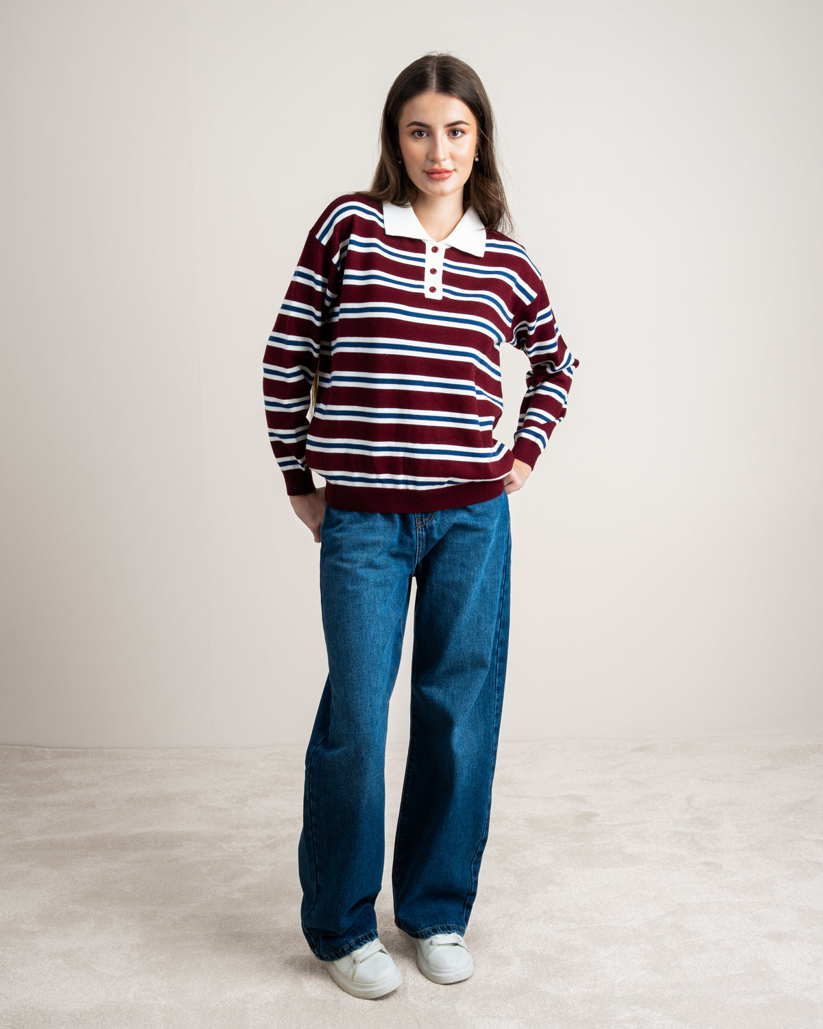 Striped Knitwear Pullover - With Button Collar