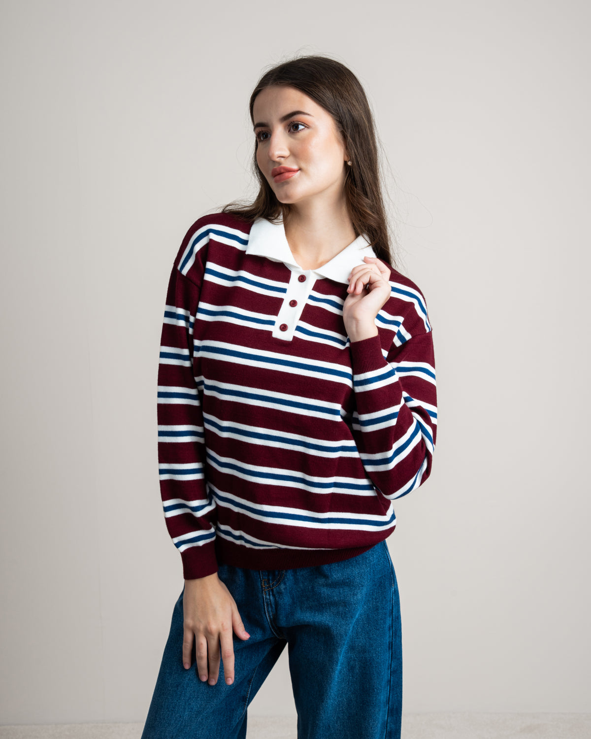 Striped Knitwear Pullover - With Button Collar
