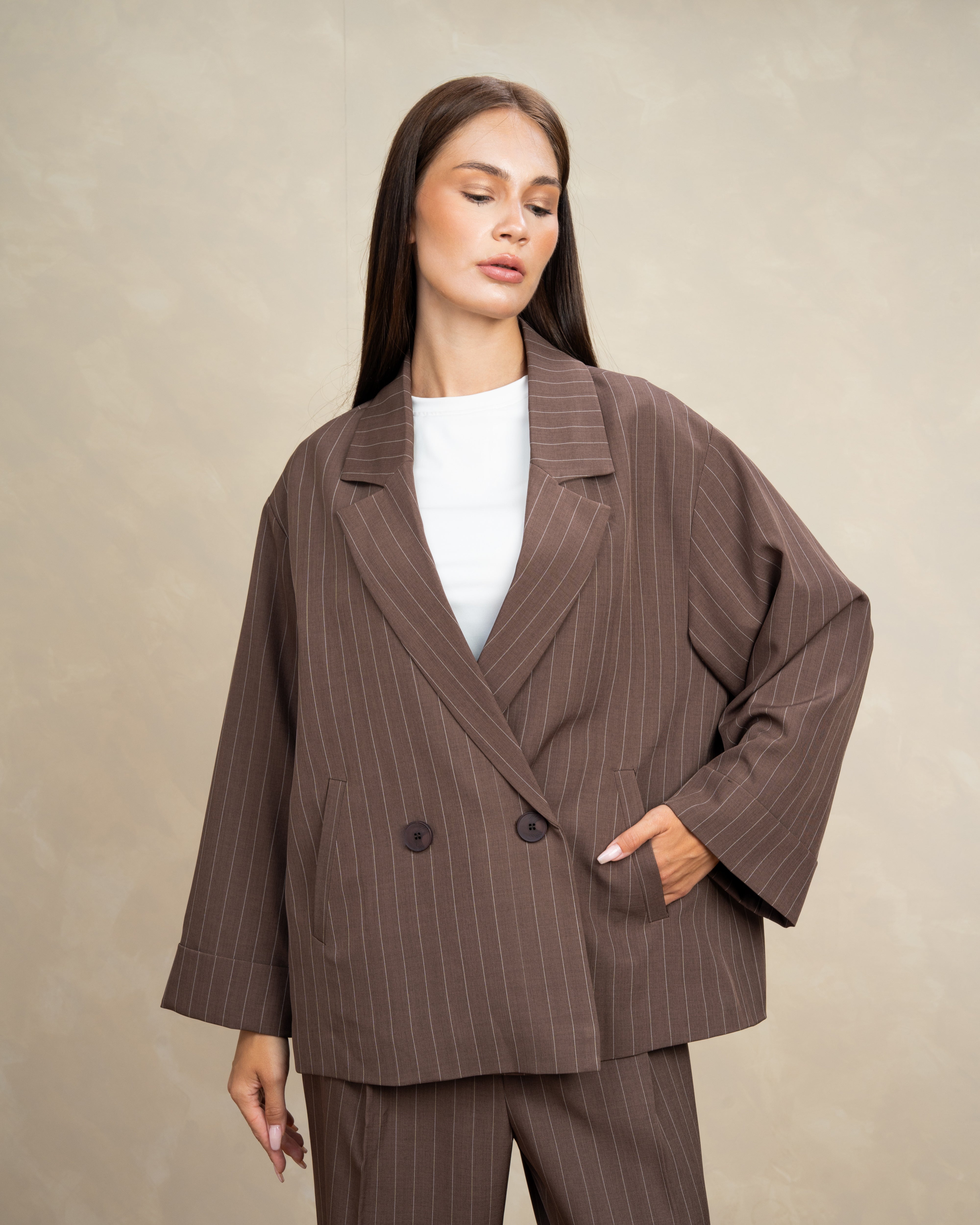 Long Striped Classic Blazer - With Rolled Sleeves