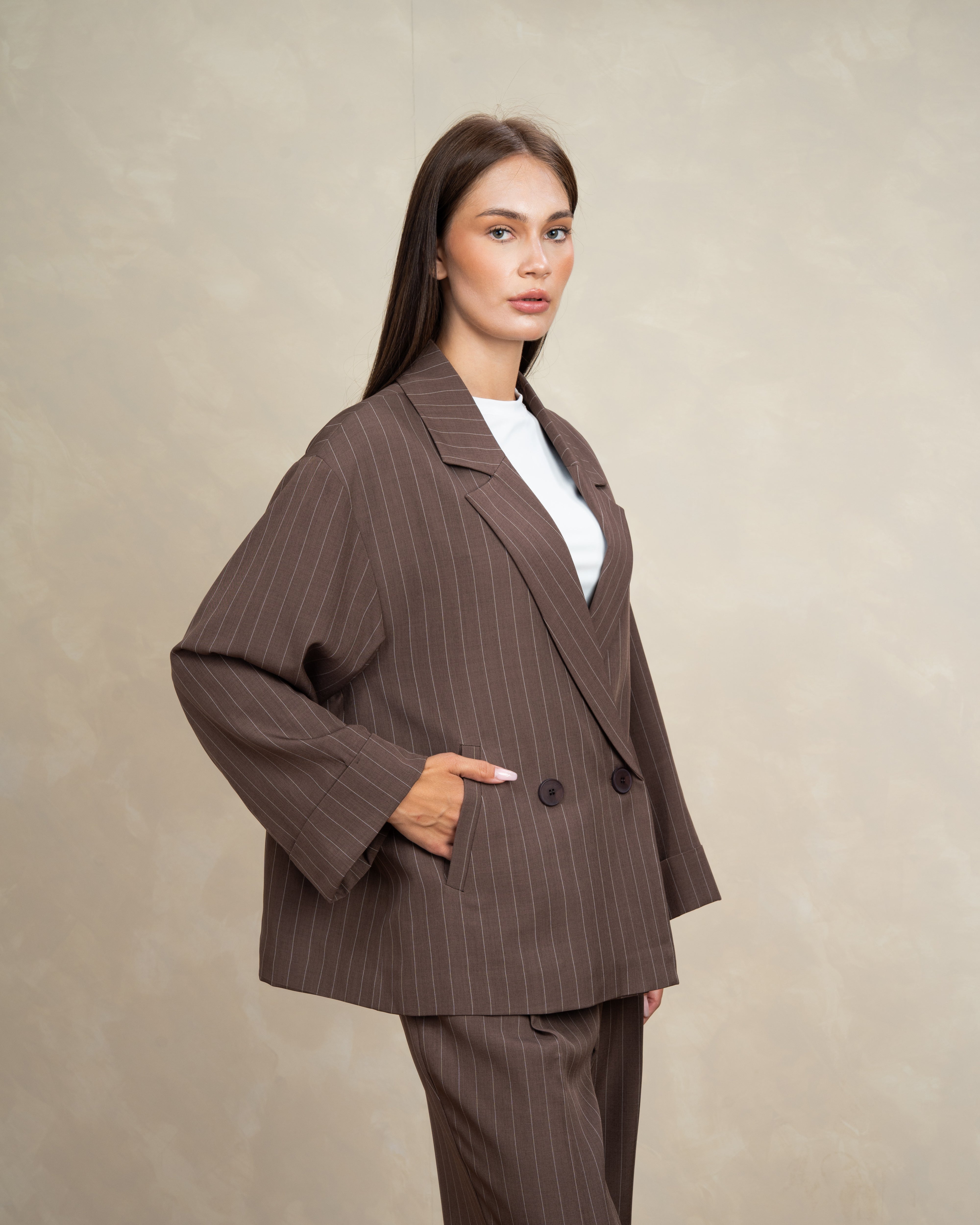 Long Striped Classic Blazer - With Rolled Sleeves