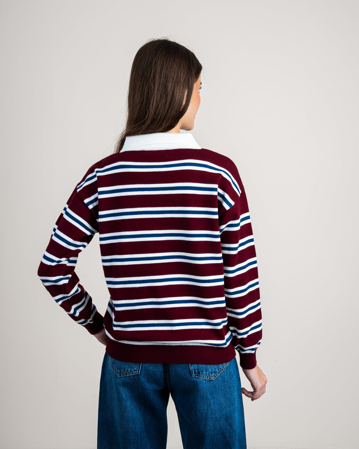 Striped Knitwear Pullover - With Button Collar