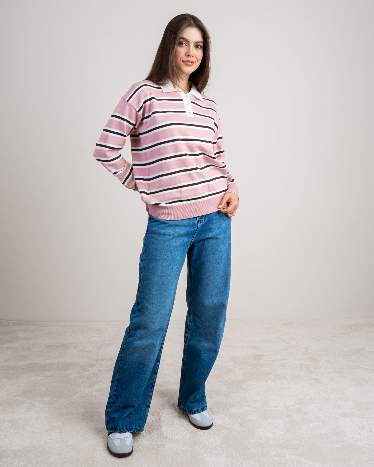 Striped Knitwear Pullover - With Button Collar