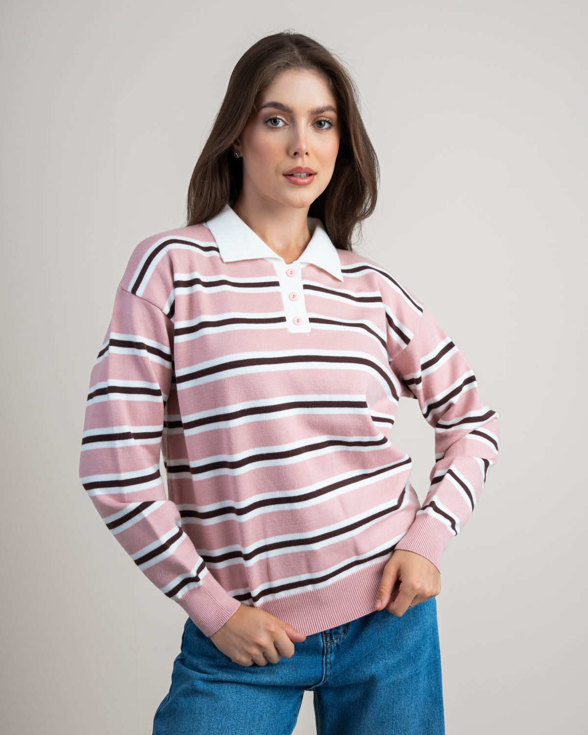 Striped Knitwear Pullover - With Button Collar