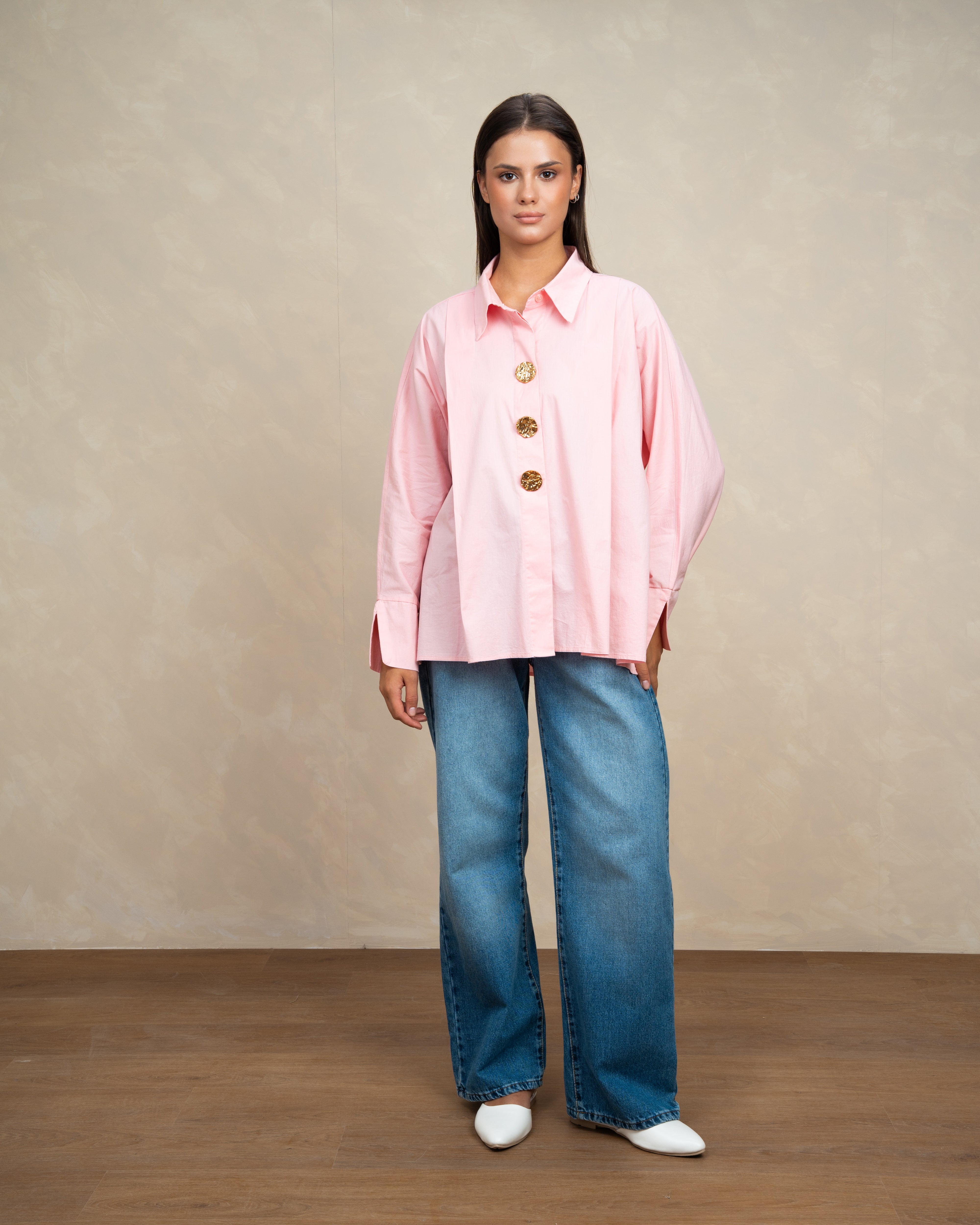 Plain Poplin Shirt With Gold Buttons