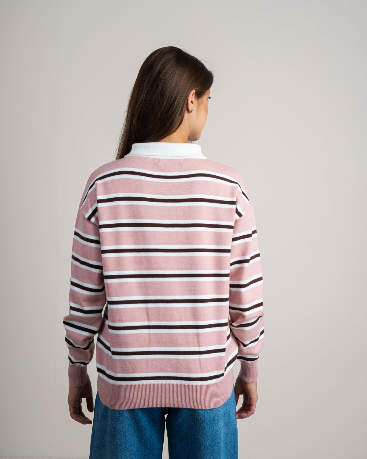 Striped Knitwear Pullover - With Button Collar
