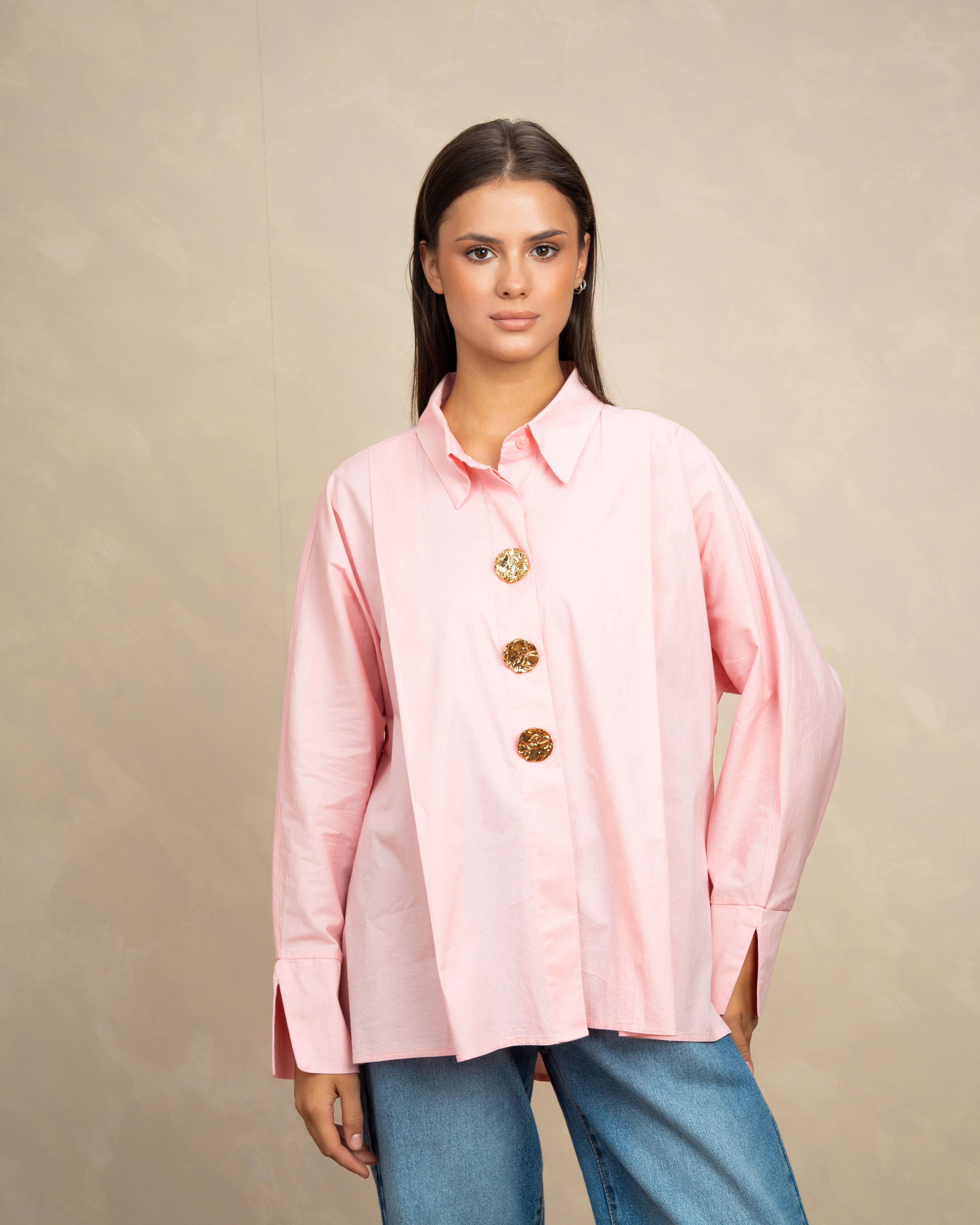 Plain Poplin Shirt With Gold Buttons